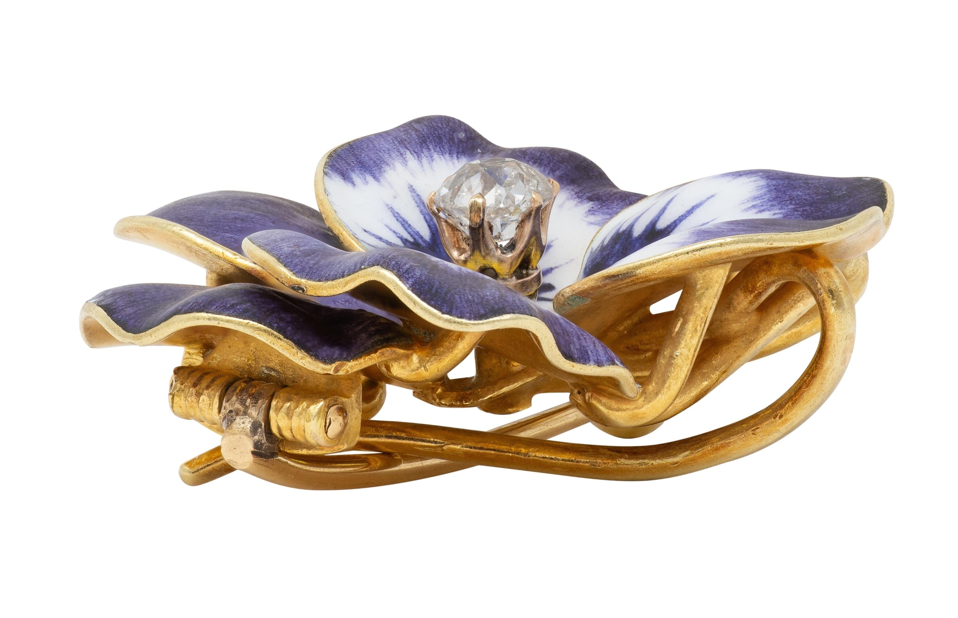 Art Nouveau Diamond Enamel 14K Yellow Gold Pansy Flower Antique Pendant Brooch