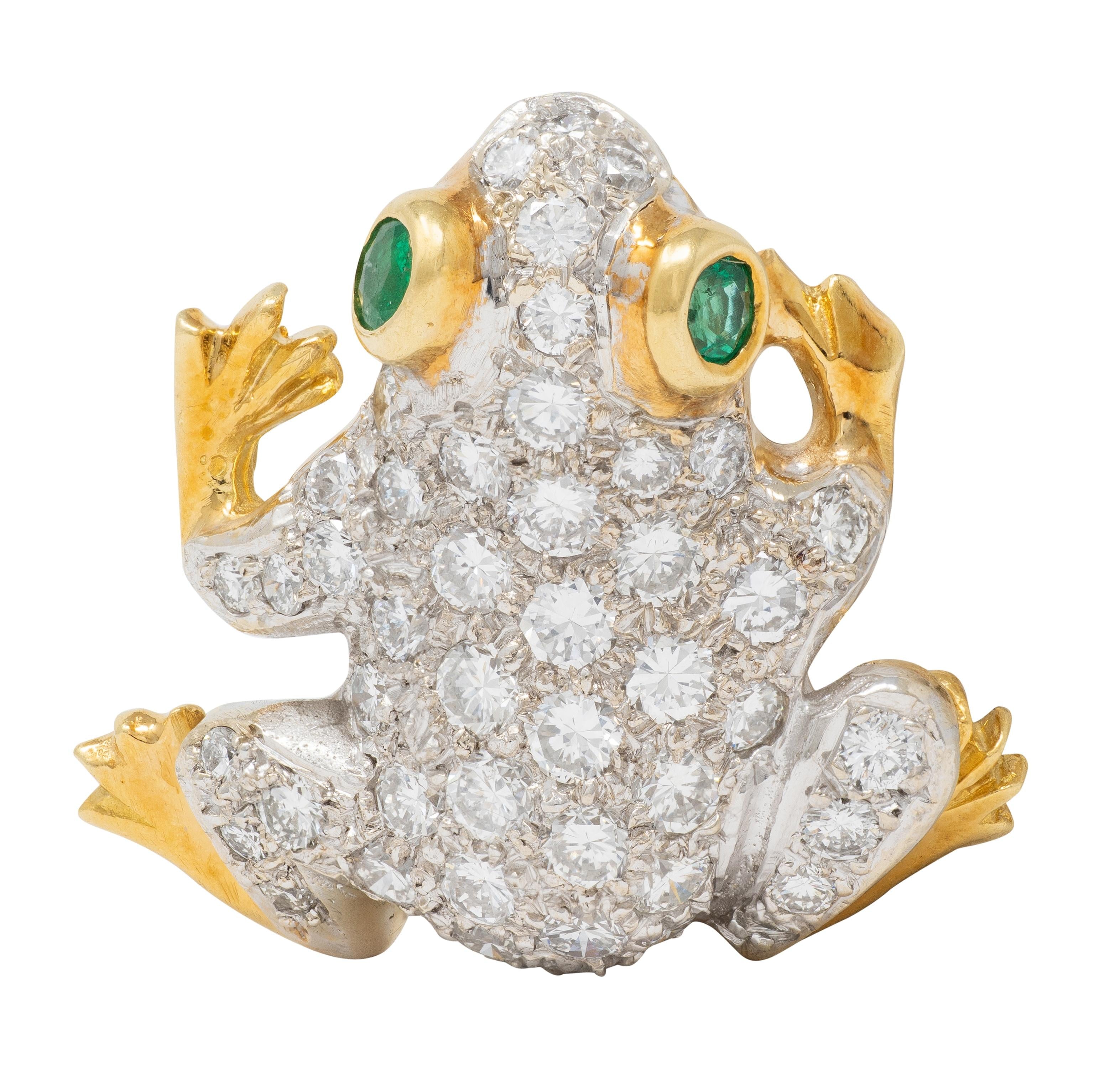 1980's 1.64 CTW Diamond Emerald 18 Karat Two-Tone Gold Vintage Frog Brooch