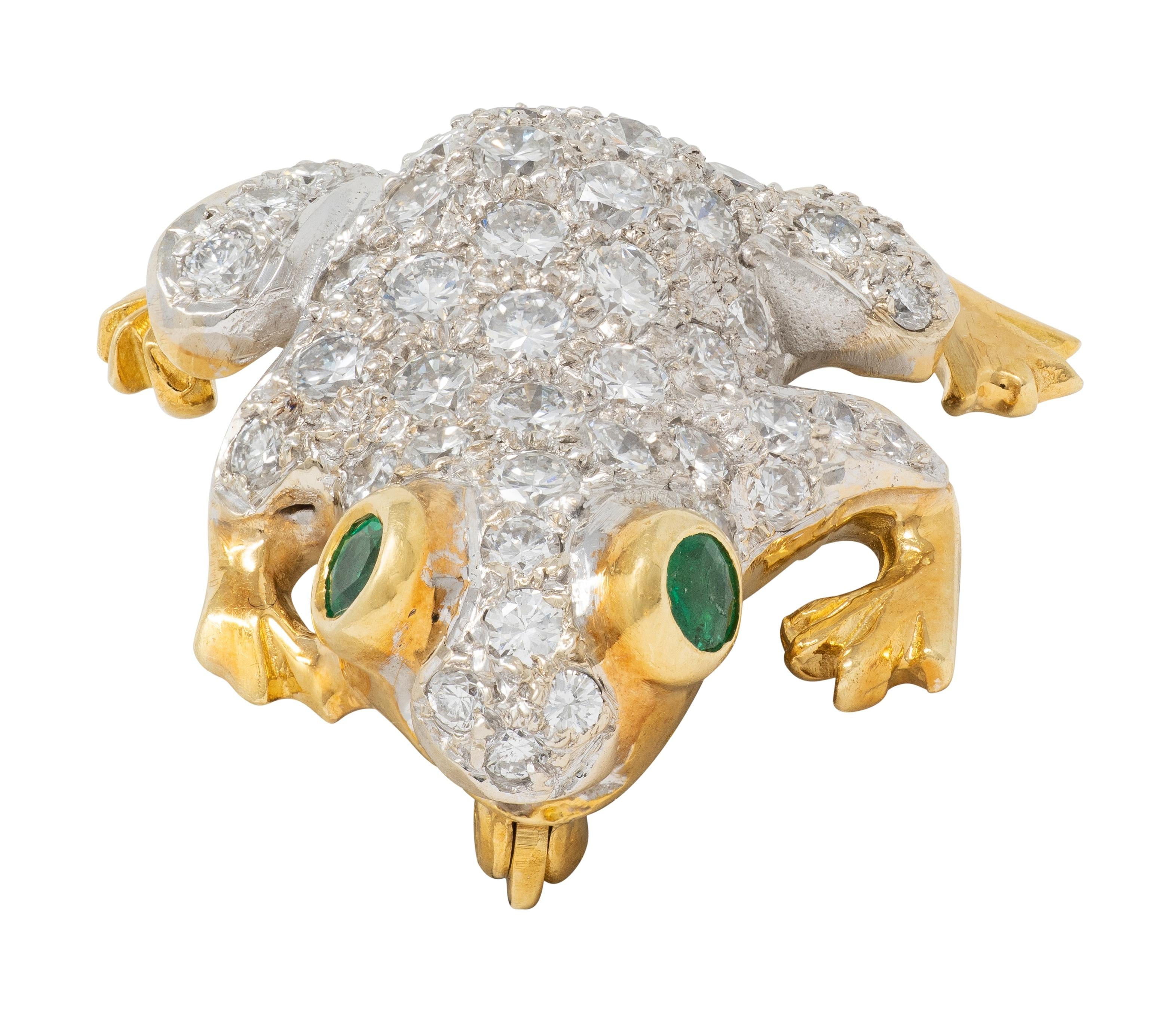 1980's 1.64 CTW Diamond Emerald 18 Karat Two-Tone Gold Vintage Frog Brooch