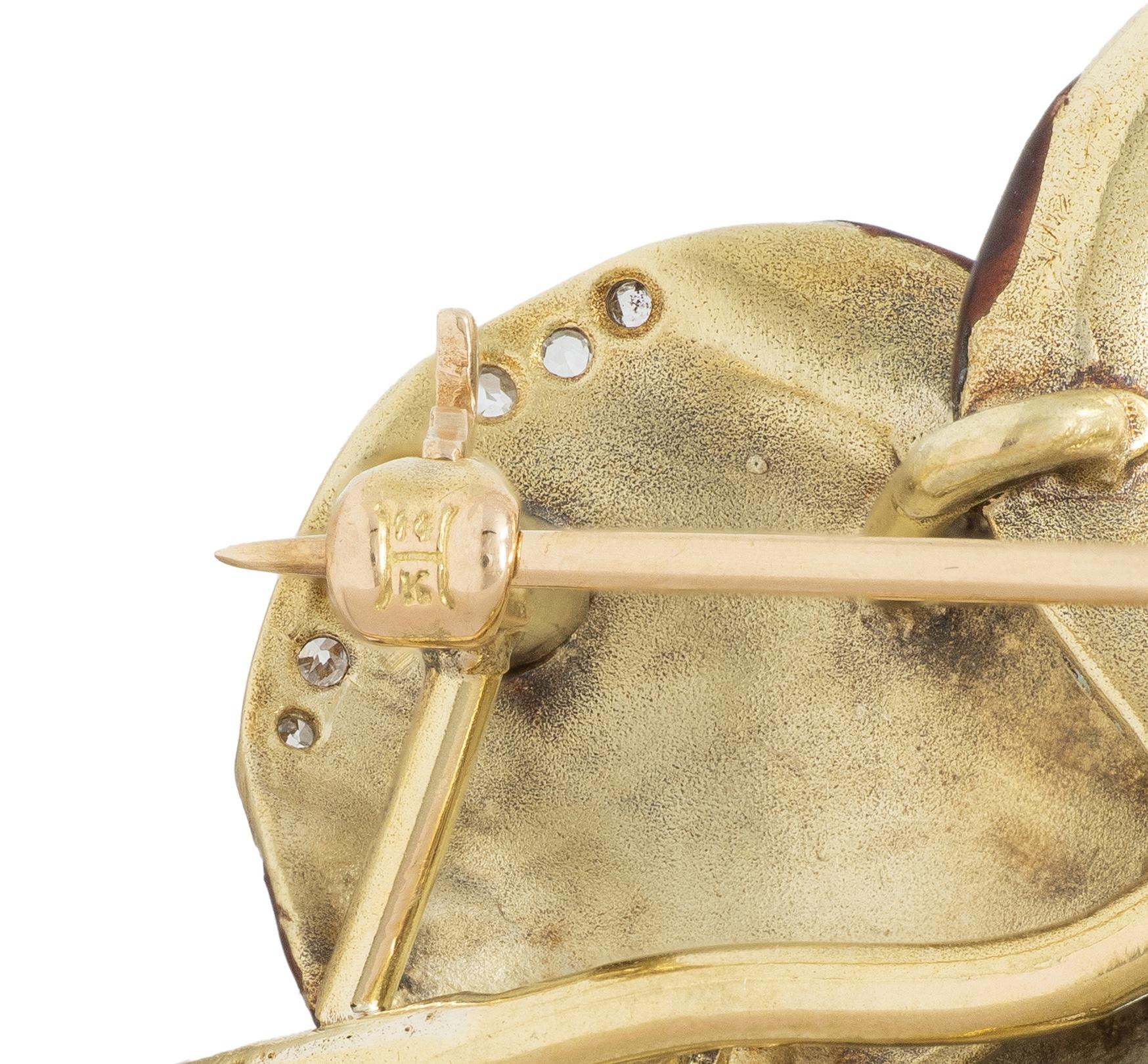 Hedges & Co. Art Nouveau Diamond Ruby Maroon Enamel 14K Antique Pansy Brooch