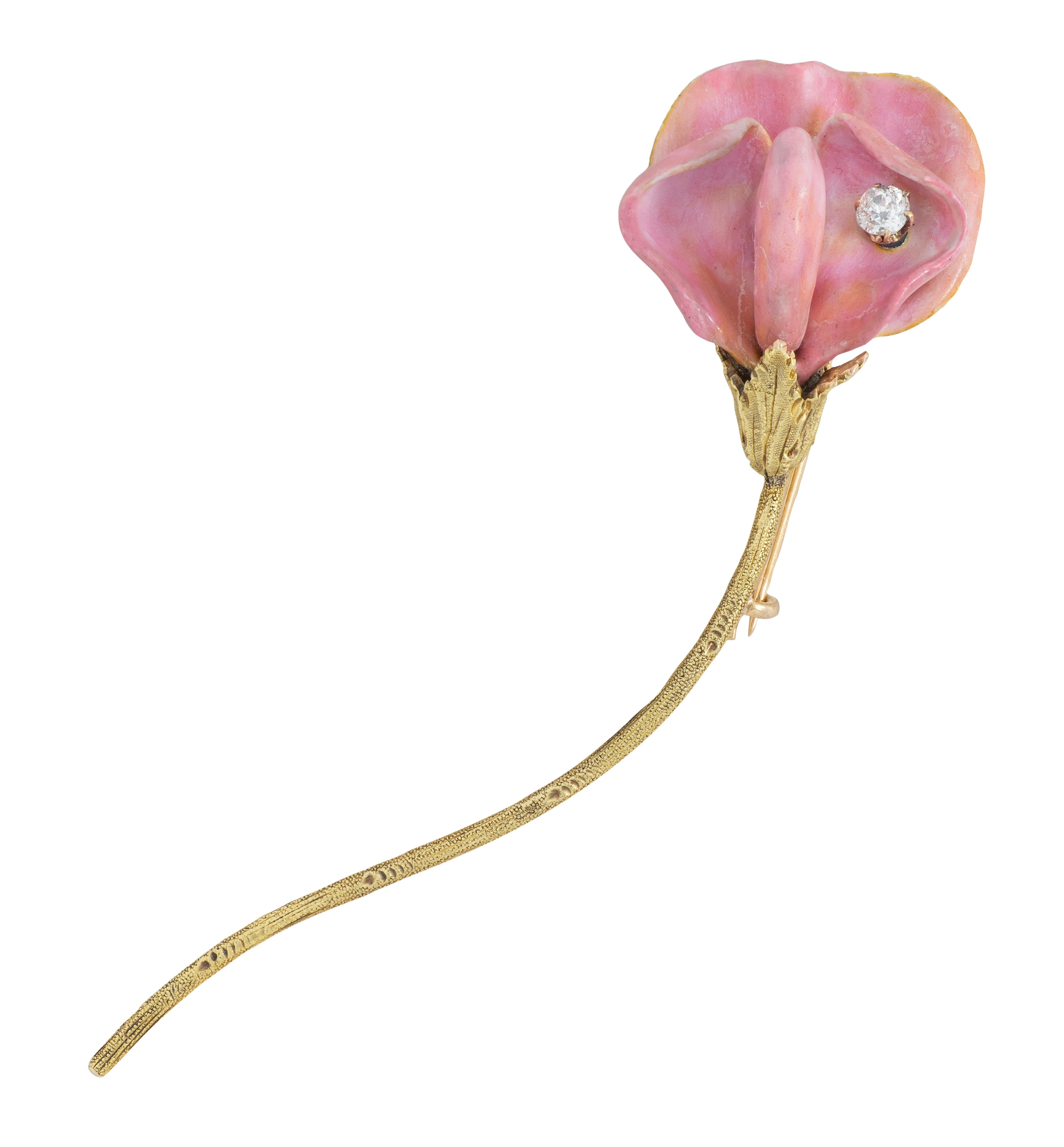 Art Nouveau Pink Enamel 14 Karat Yellow Gold Antique Sweetpea Flower Brooch