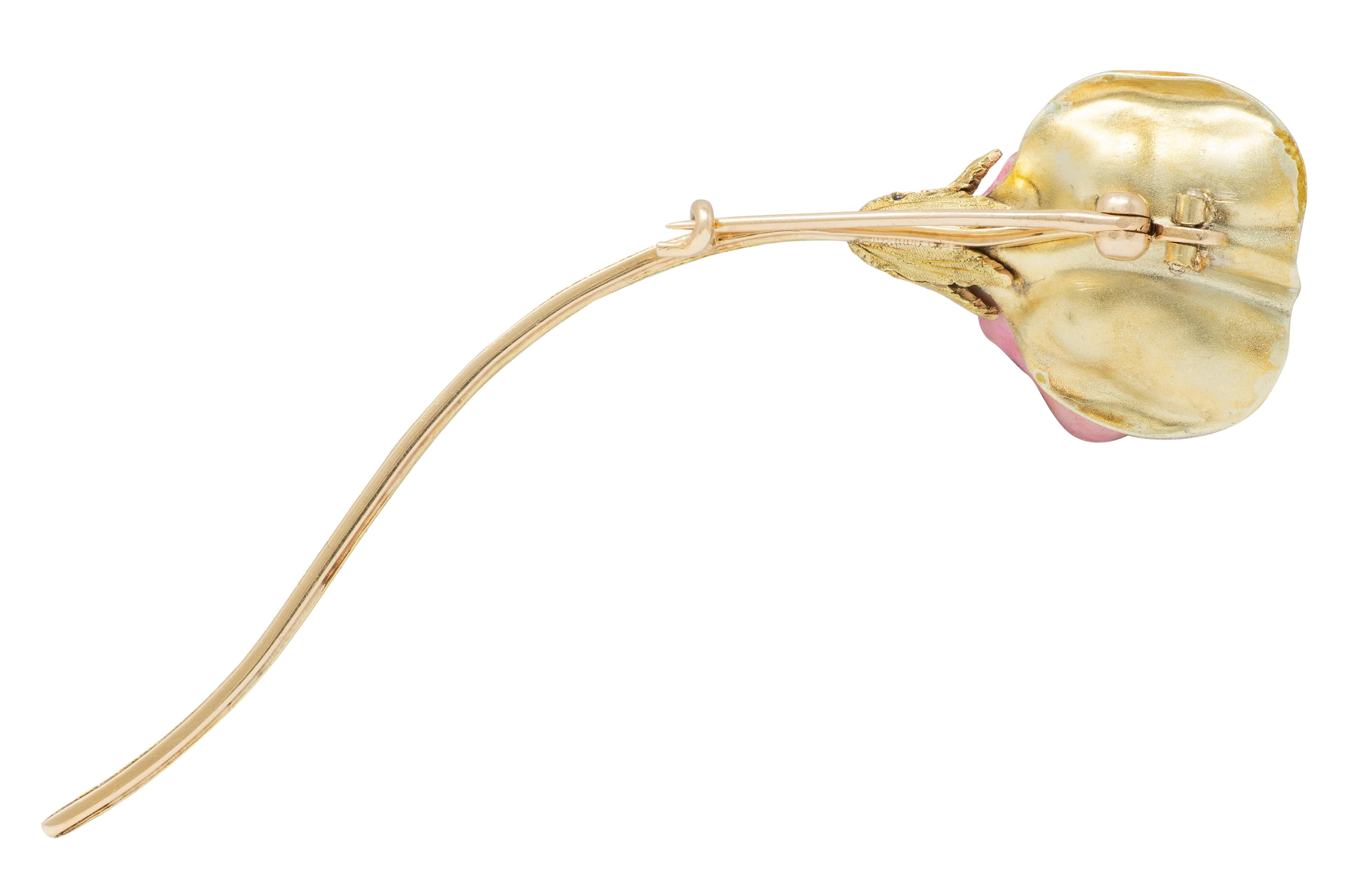 Art Nouveau Pink Enamel 14 Karat Yellow Gold Antique Sweetpea Flower Brooch