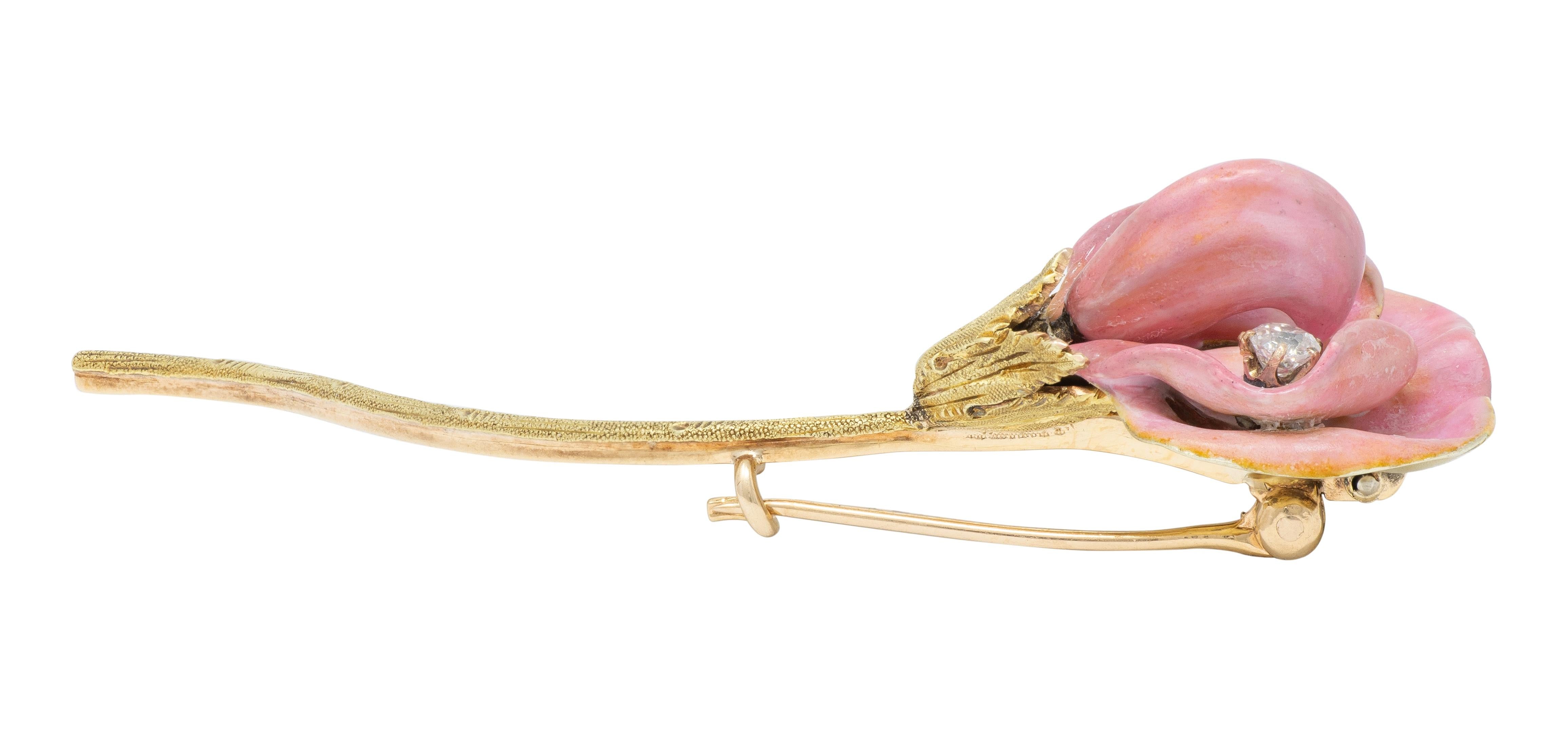 Art Nouveau Pink Enamel 14 Karat Yellow Gold Antique Sweetpea Flower Brooch