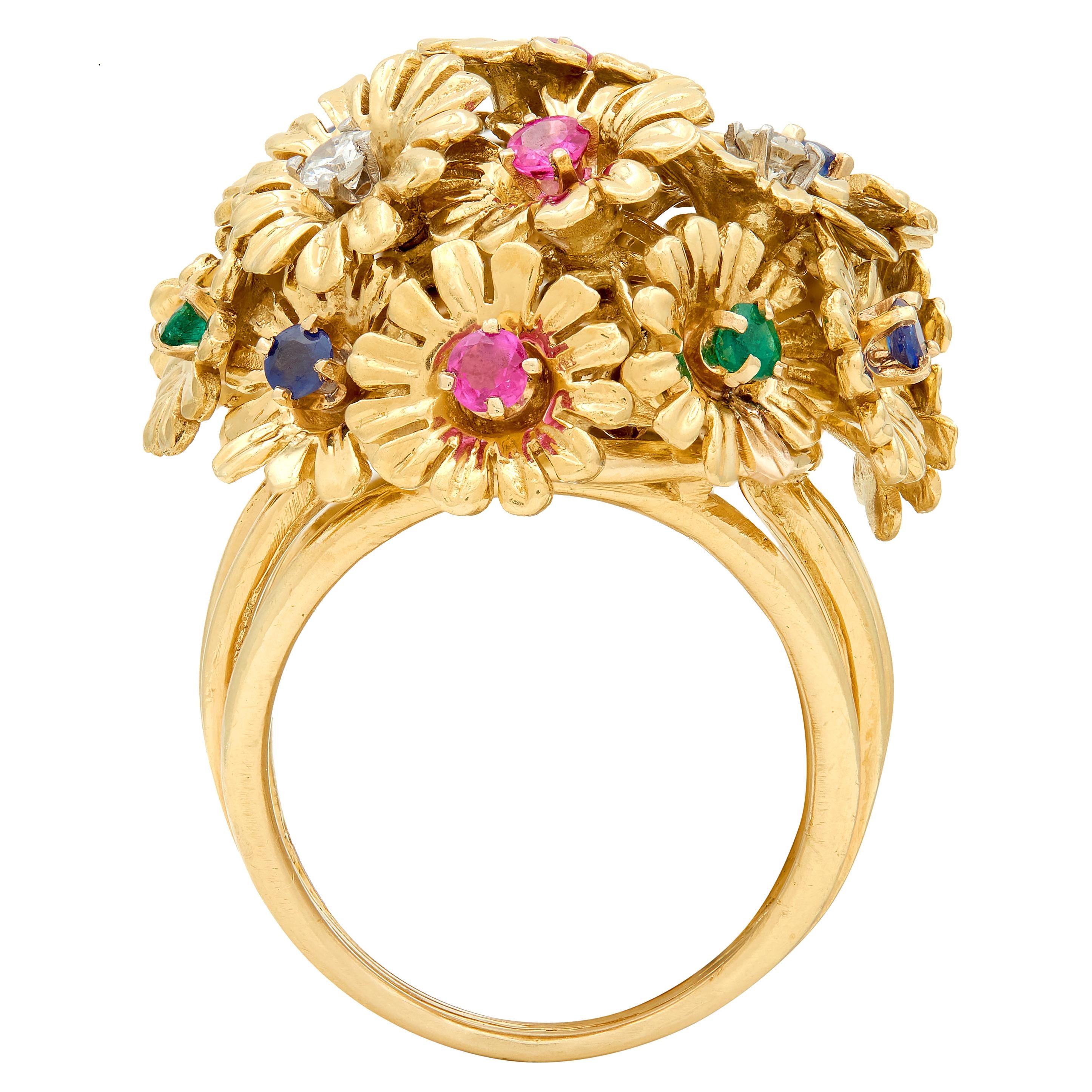 1960's Multi-Gem 18 Karat Yellow Gold Vintage En Tremblant Daisy Flower Ring