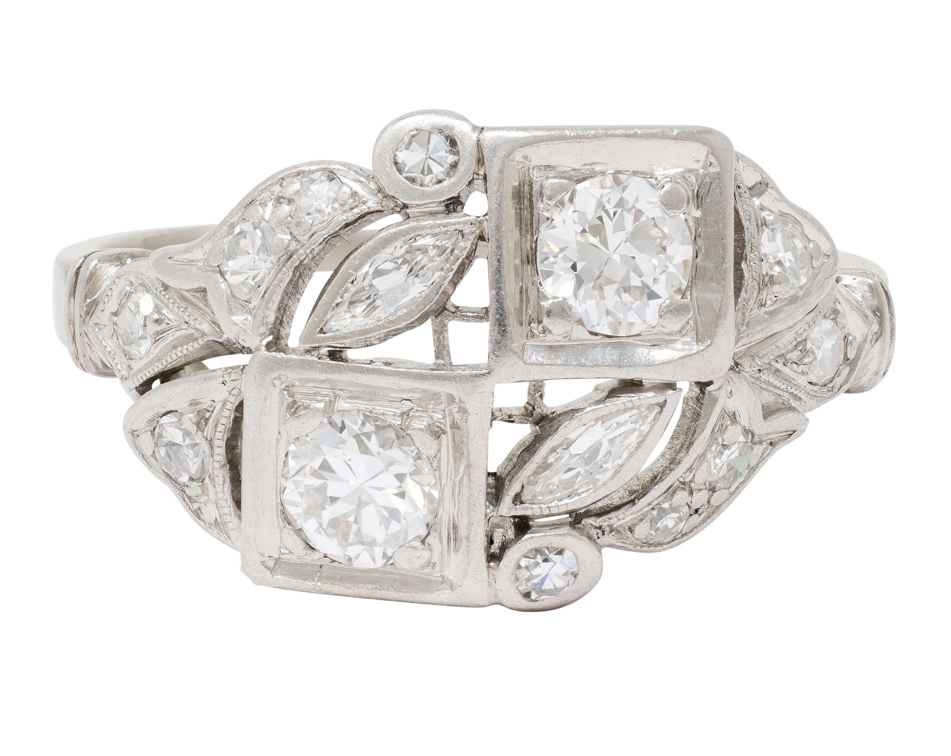 Art Deco Old European Cut Diamond Platinum Vintage Foliate Cluster Ring