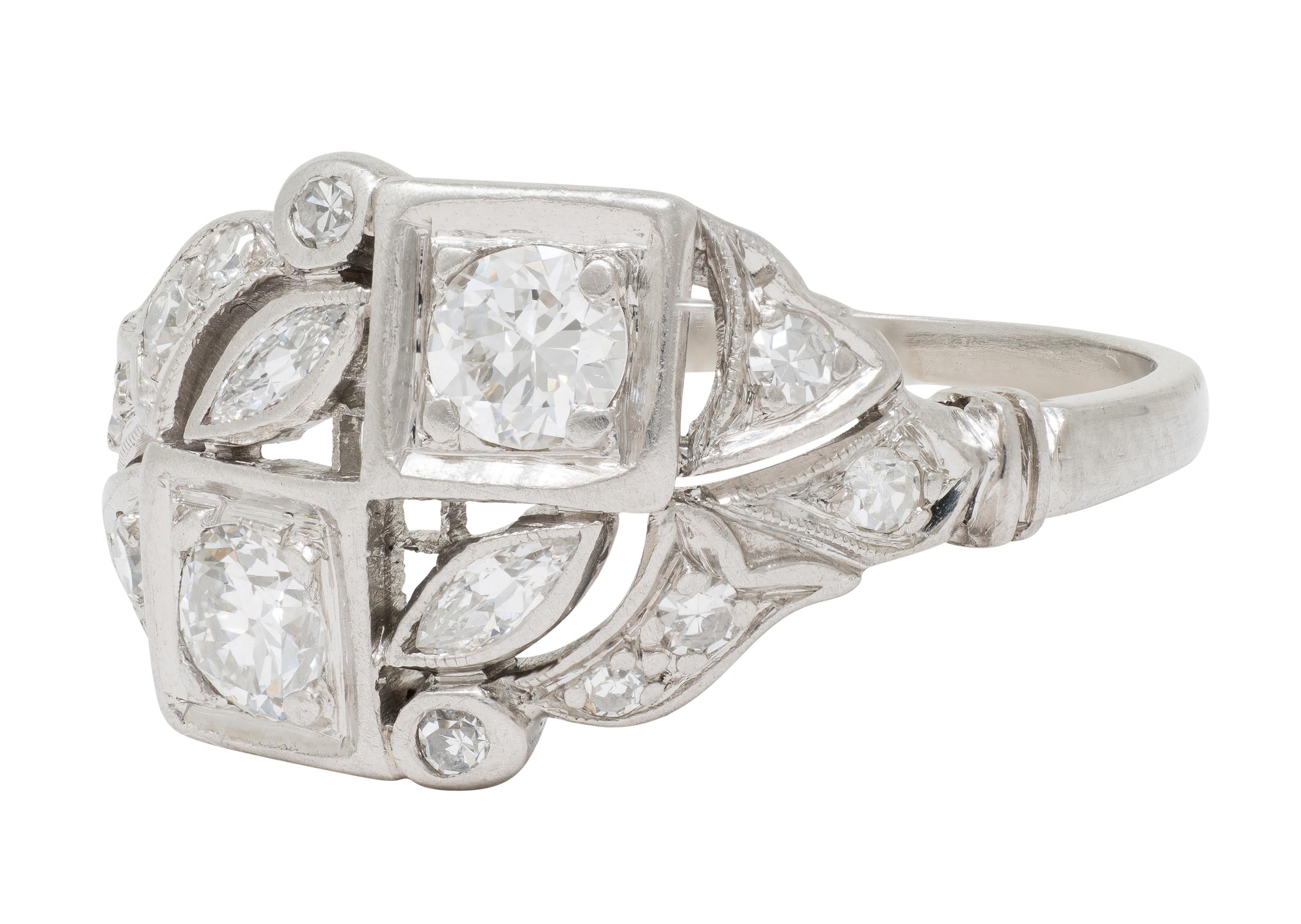 Art Deco Old European Cut Diamond Platinum Vintage Foliate Cluster Ring