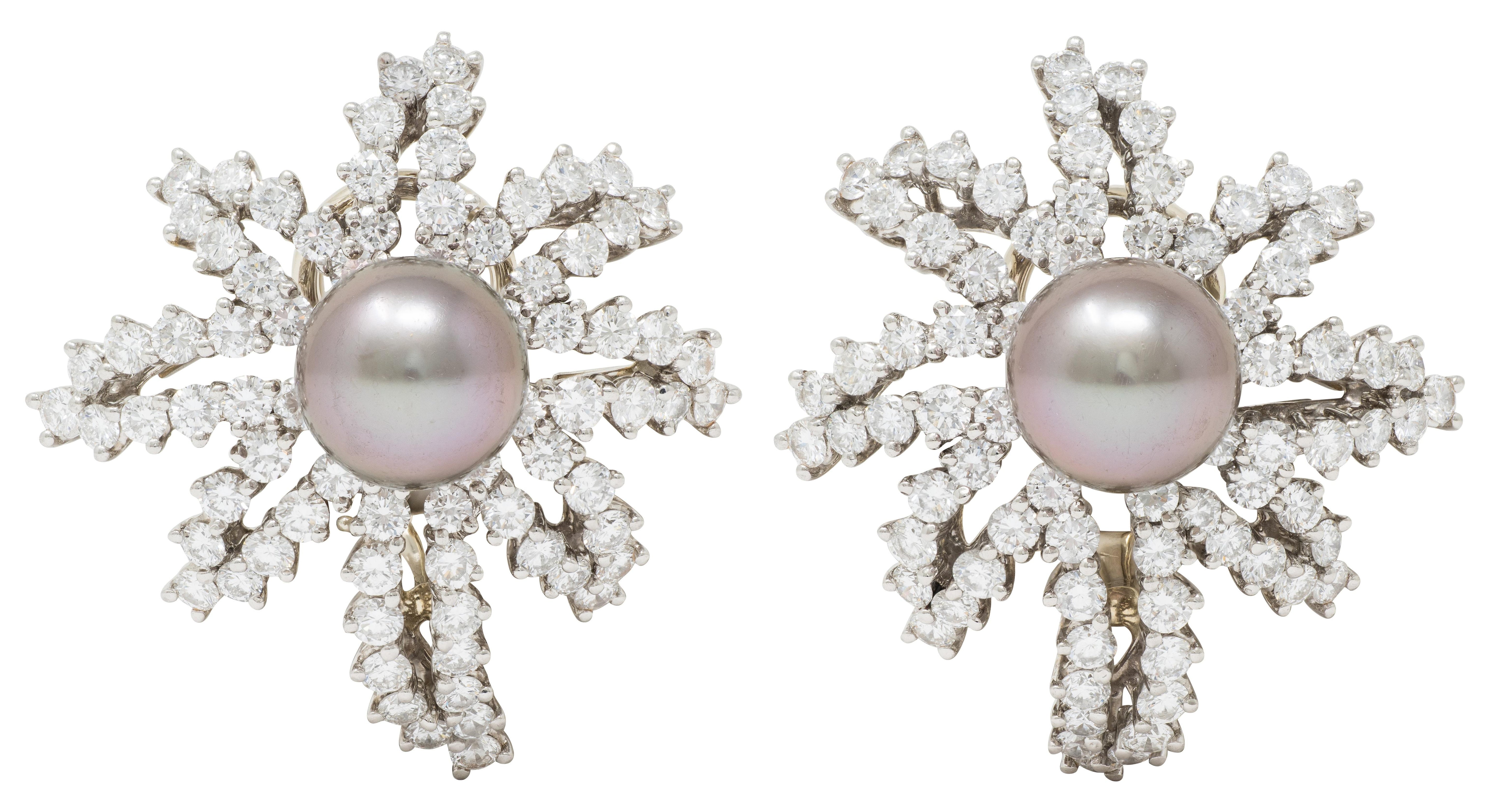 Tiffany & Co. 1993 Akoya Pearl Diamond Platinum Vintage Fireworks Earrings