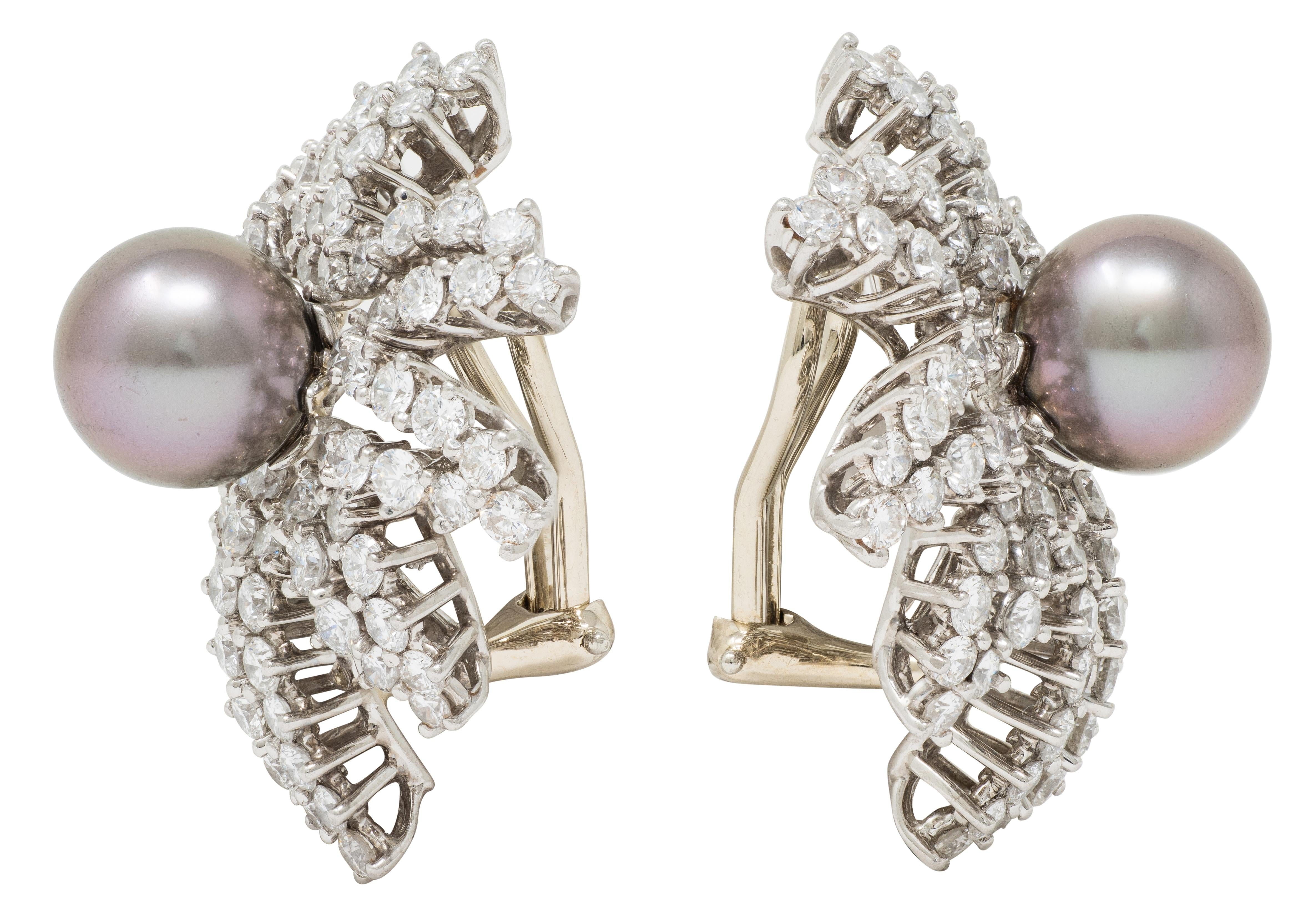 Tiffany & Co. 1993 Akoya Pearl Diamond Platinum Vintage Fireworks Earrings