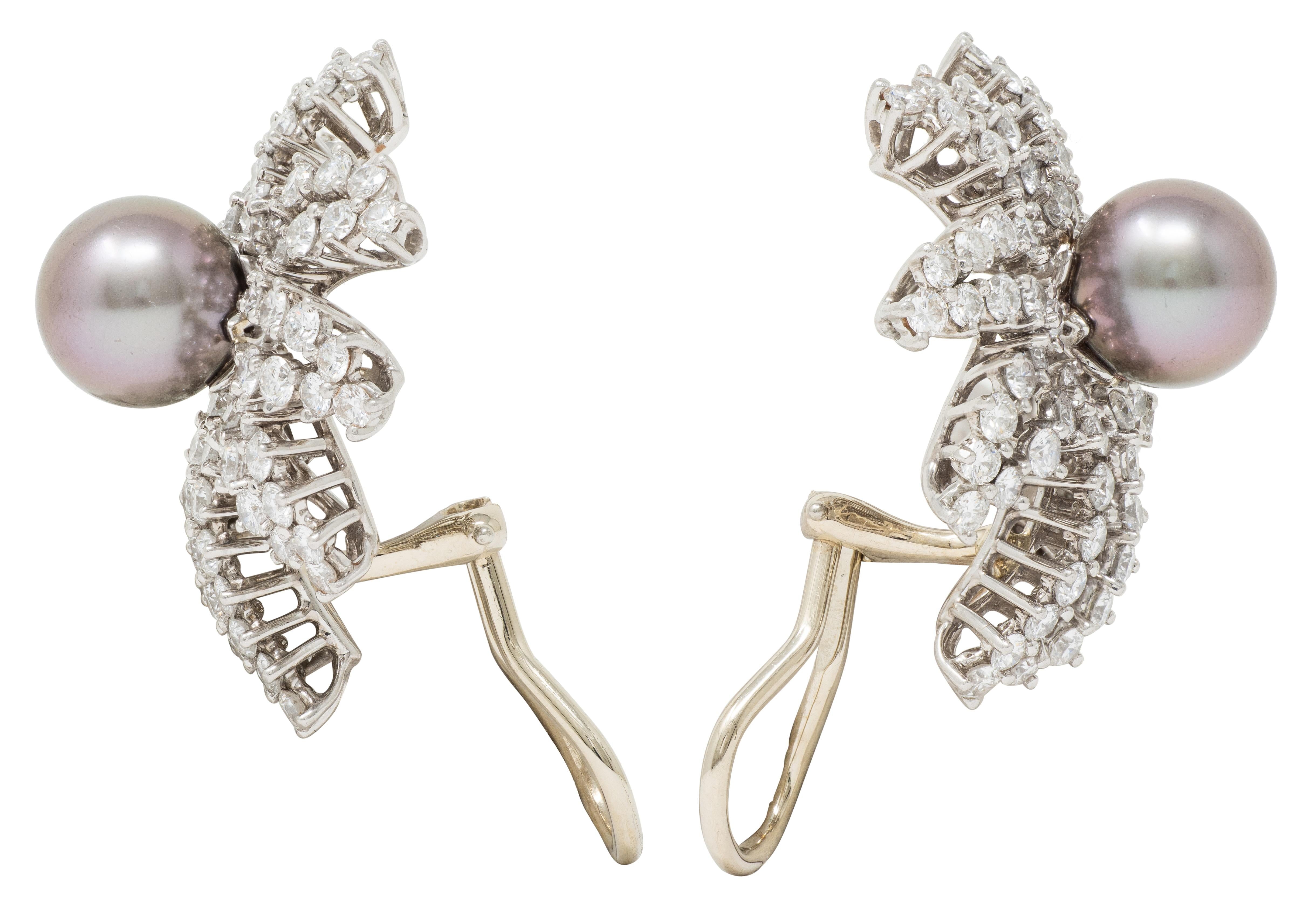 Tiffany & Co. 1993 Akoya Pearl Diamond Platinum Vintage Fireworks Earrings