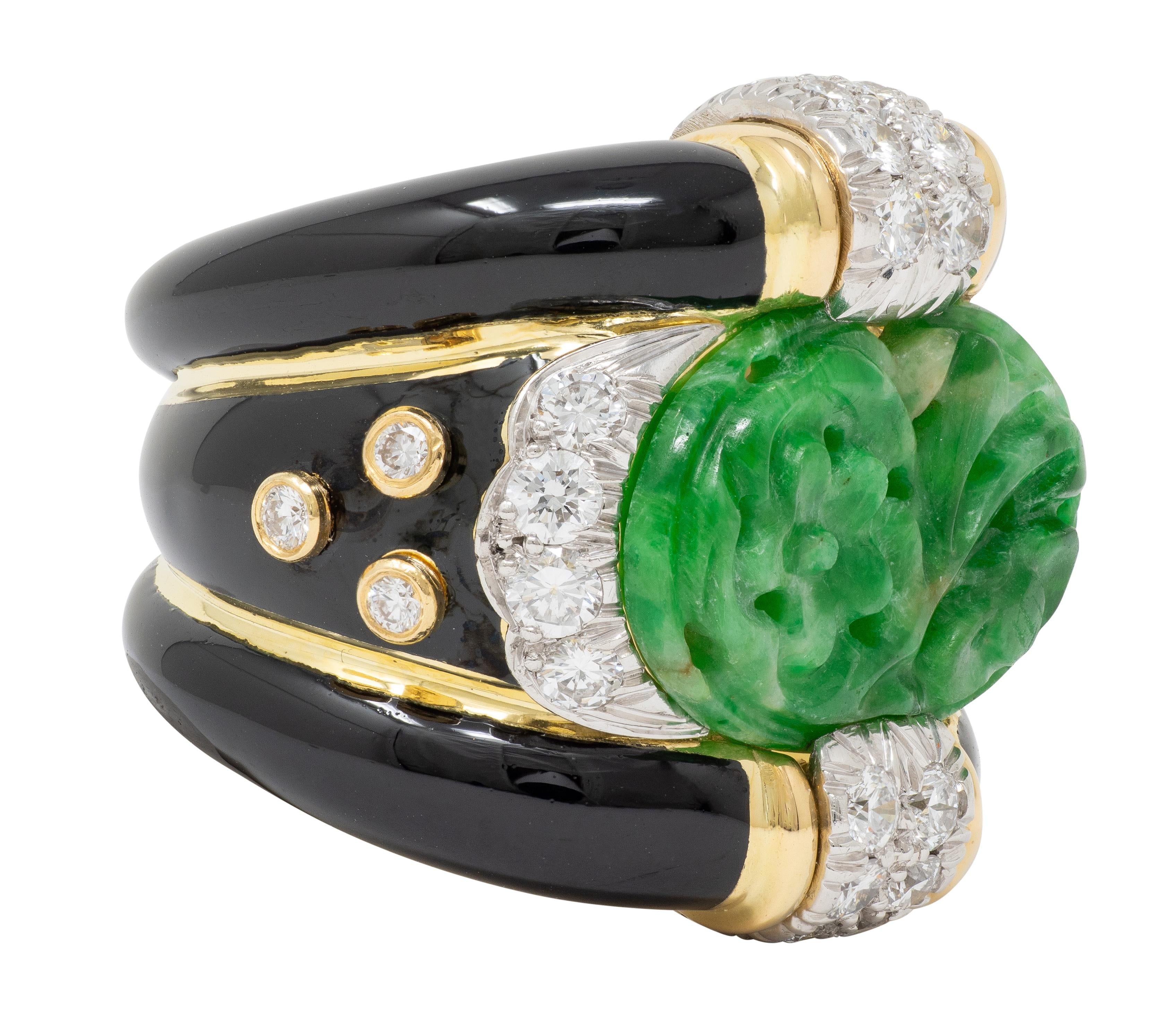 David Webb 1980's Jade Diamond Enamel Platinum 18K Gold Floral Vintage Band Ring