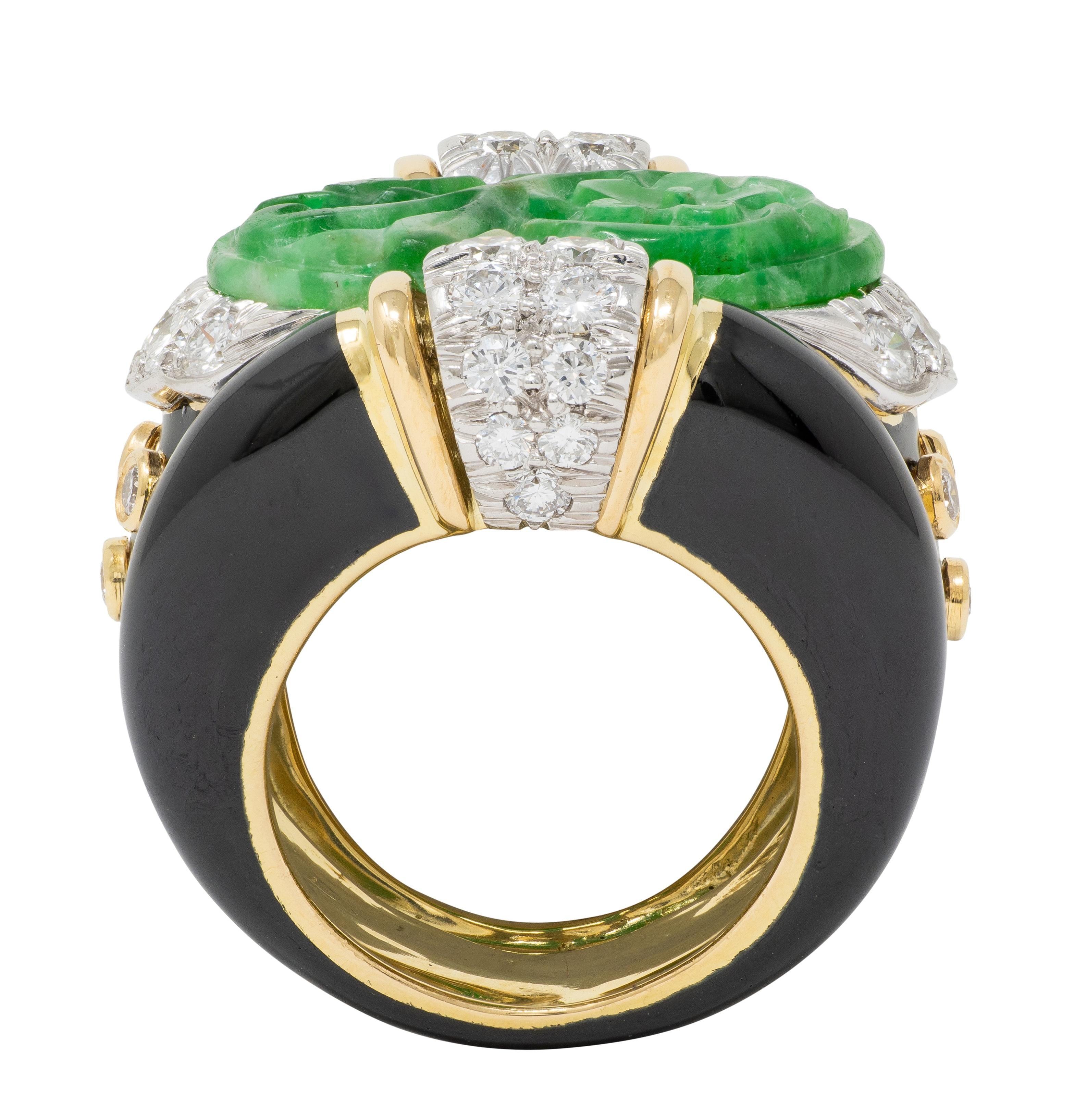David Webb 1980's Jade Diamond Enamel Platinum 18K Gold Floral Vintage Band Ring