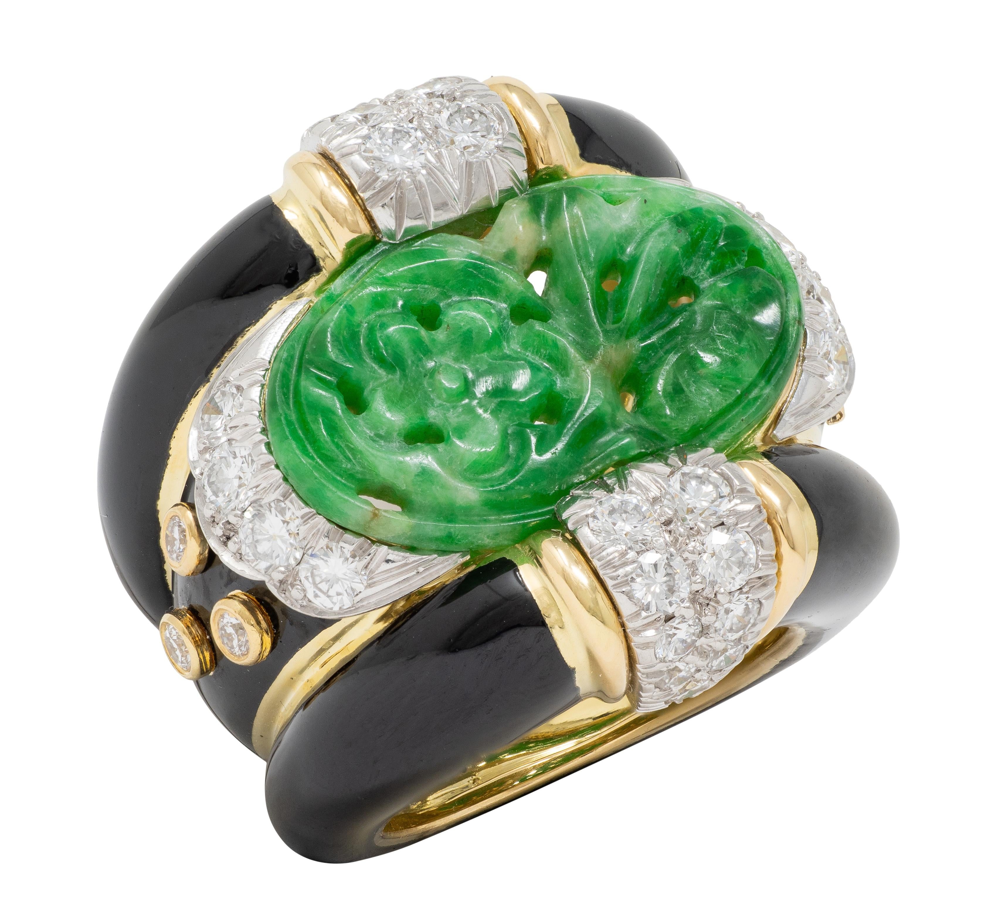 David Webb 1980's Jade Diamond Enamel Platinum 18K Gold Floral Vintage Band Ring
