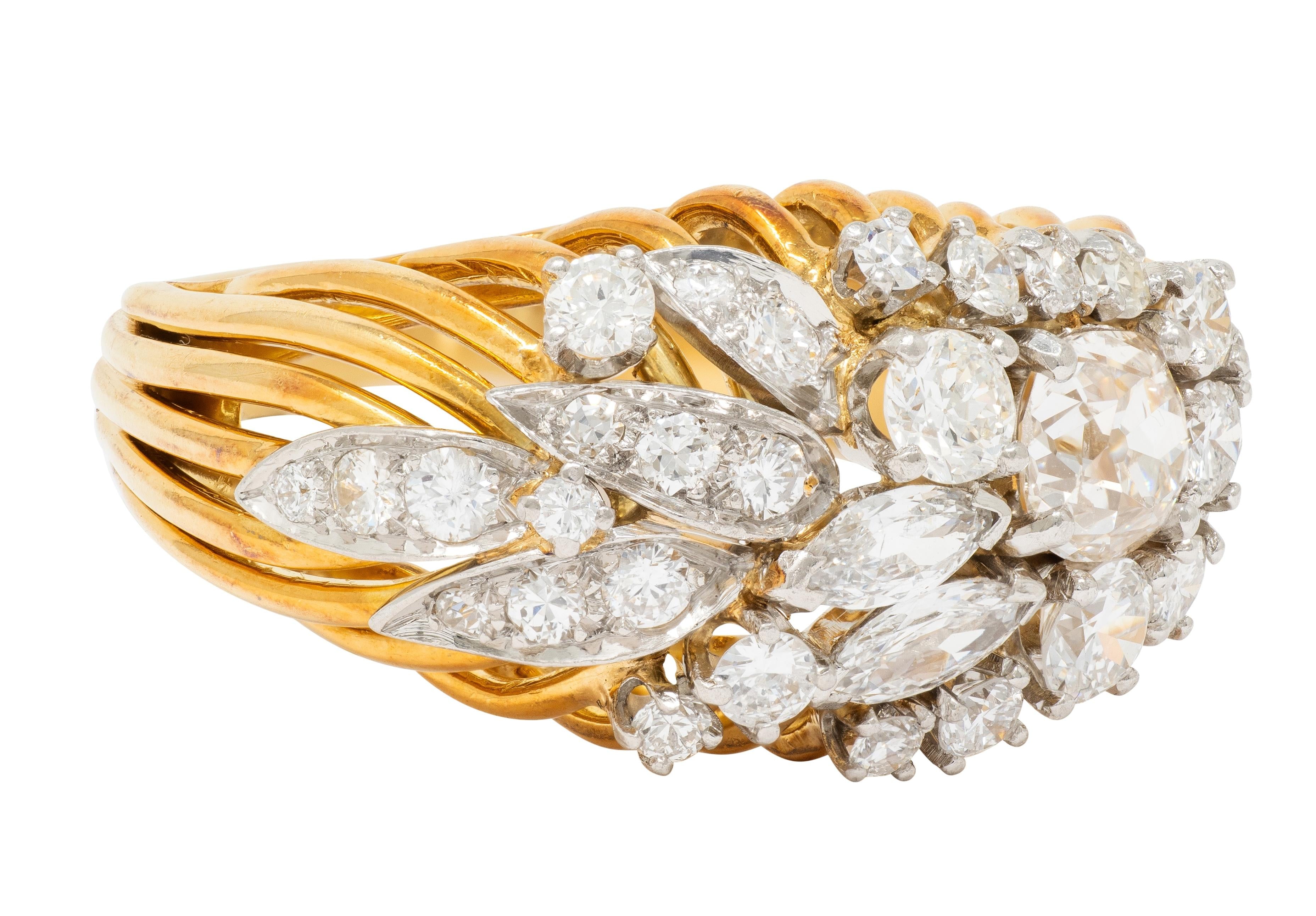 Mid-Century 2.34 CTW Diamond Platinum 18K Gold Vintage Wire Spray Cluster Ring