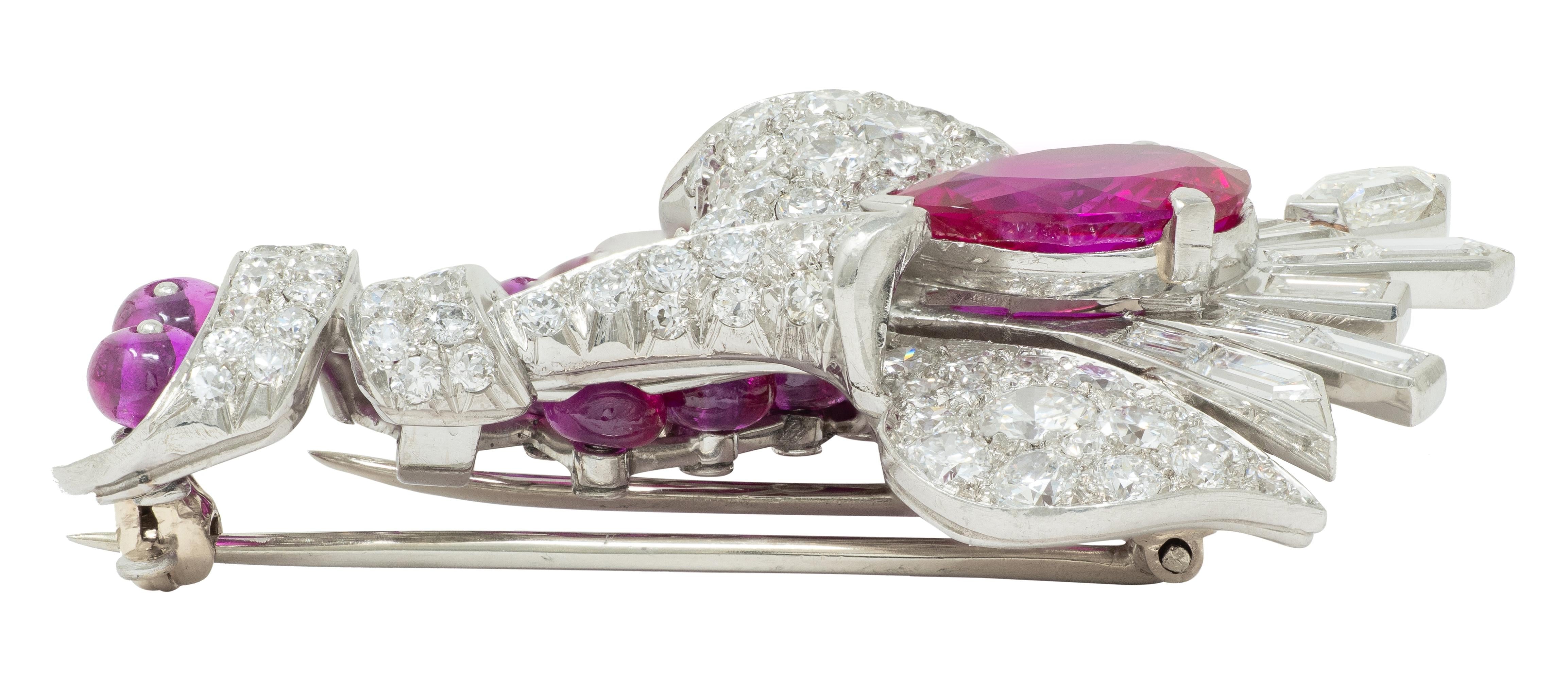 Mauboussin No Heat Burma Ruby Diamond Platinum Vintage Floral Burst Brooch