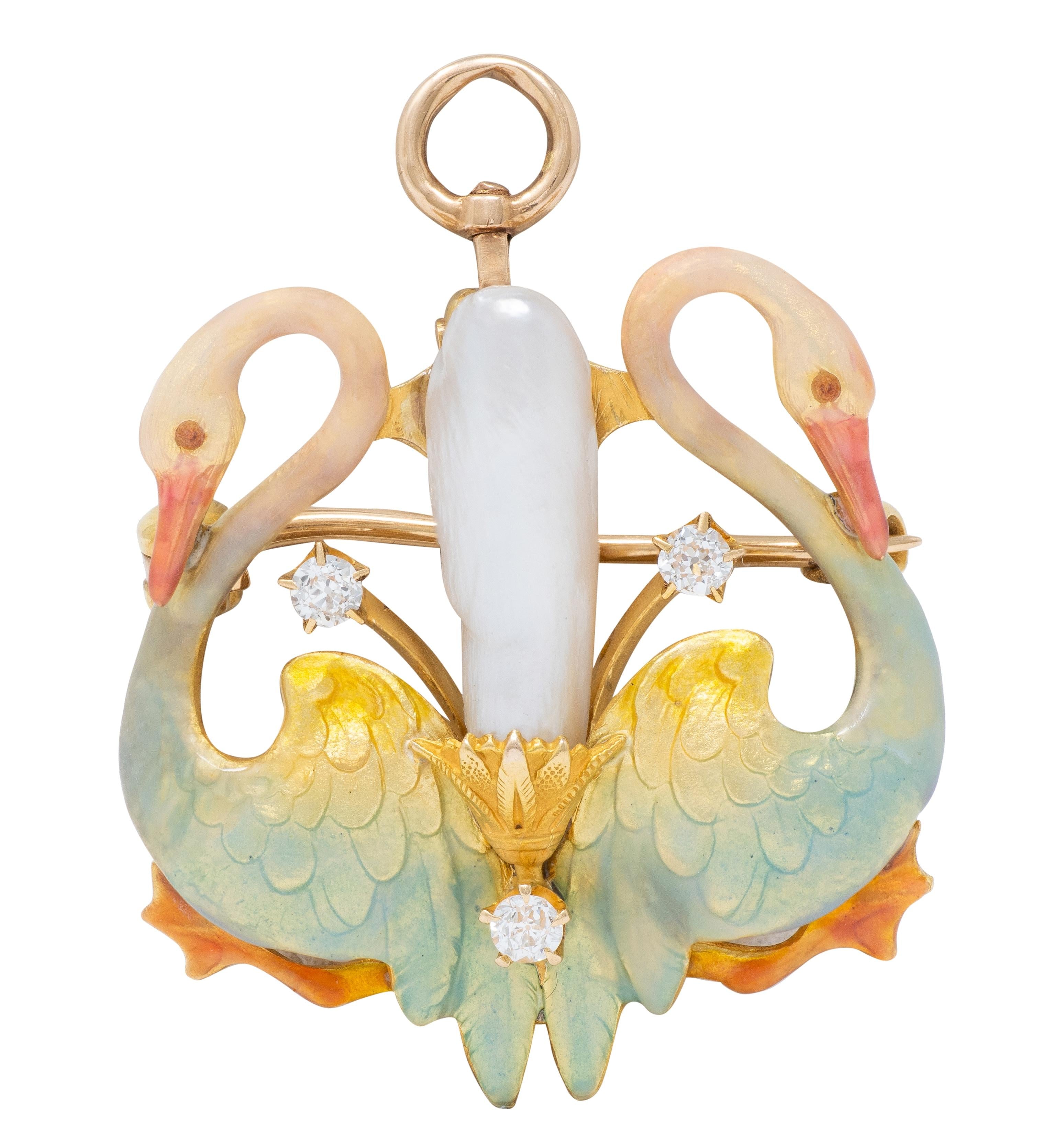 Krementz Art Nouveau Multi-Gem Enamel 14K Gold Antique Swan Pendant Brooch