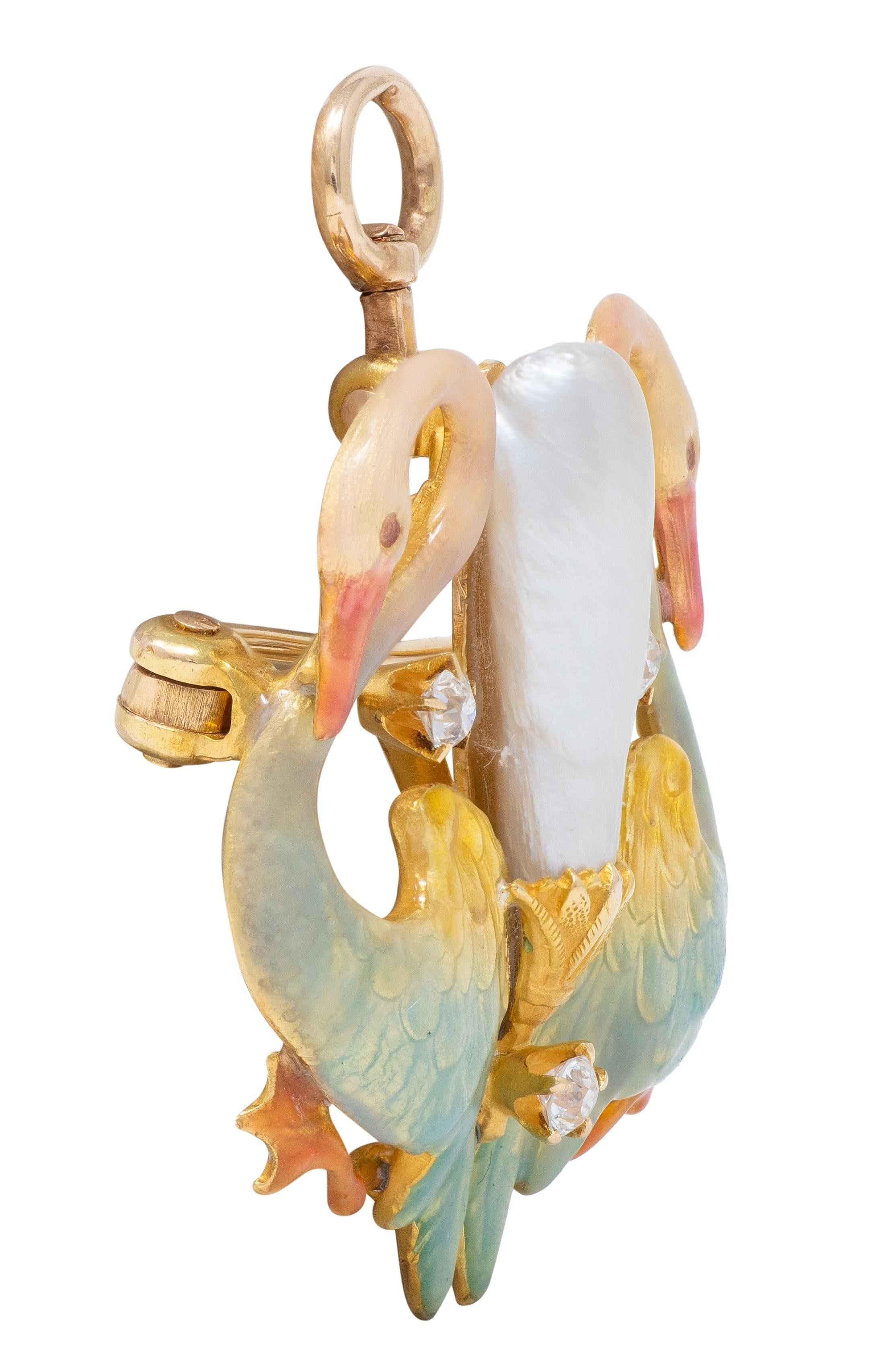 Krementz Art Nouveau Multi-Gem Enamel 14K Gold Antique Swan Pendant Brooch