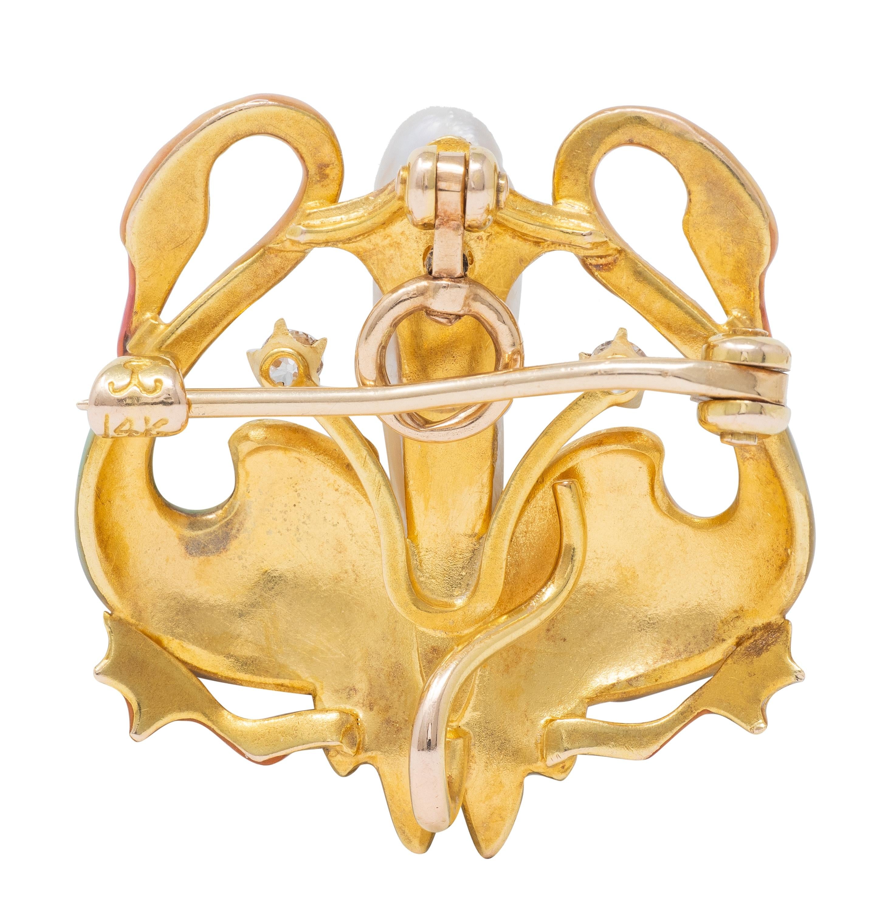 Krementz Art Nouveau Multi-Gem Enamel 14K Gold Antique Swan Pendant Brooch