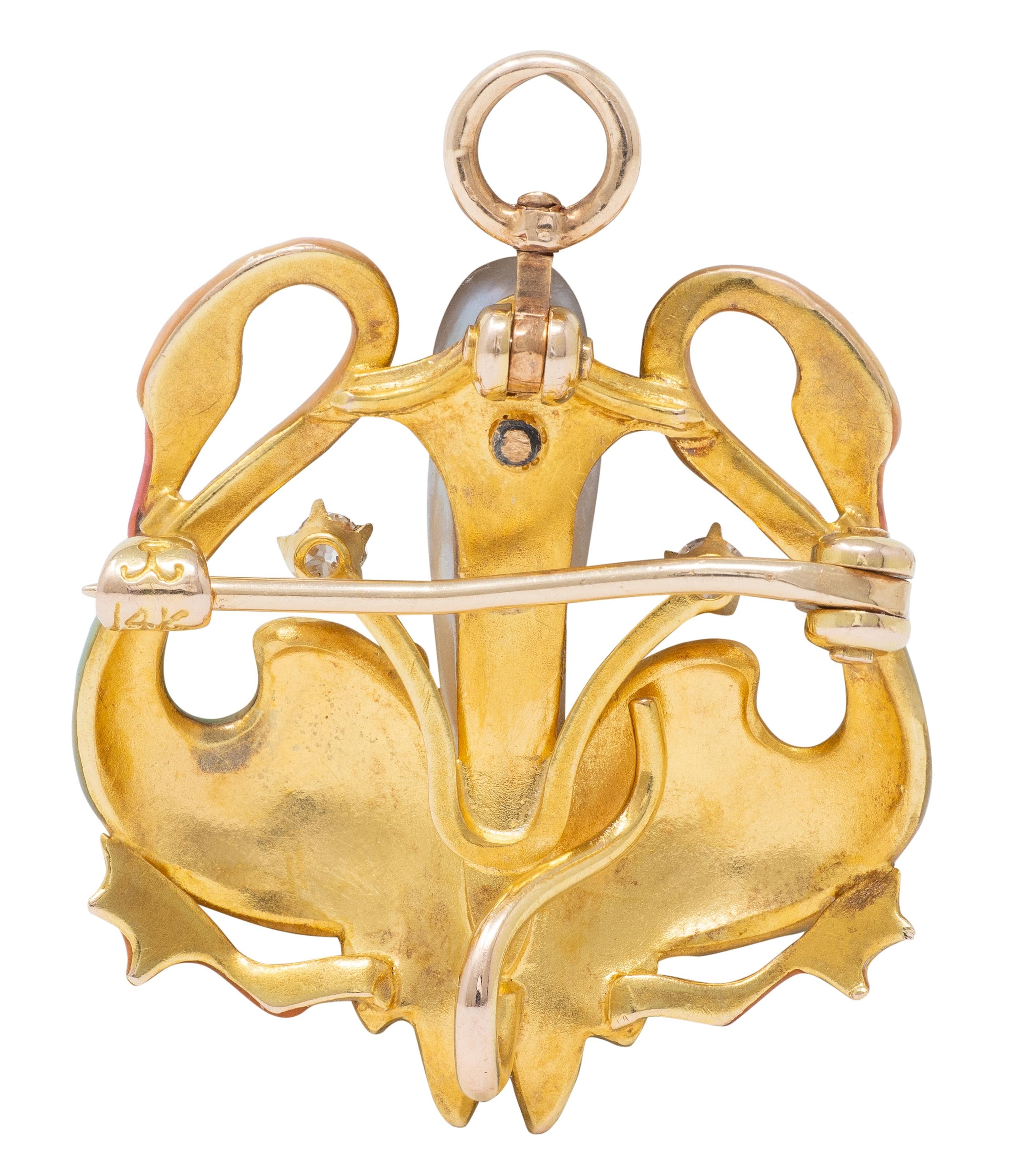 Krementz Art Nouveau Multi-Gem Enamel 14K Gold Antique Swan Pendant Brooch