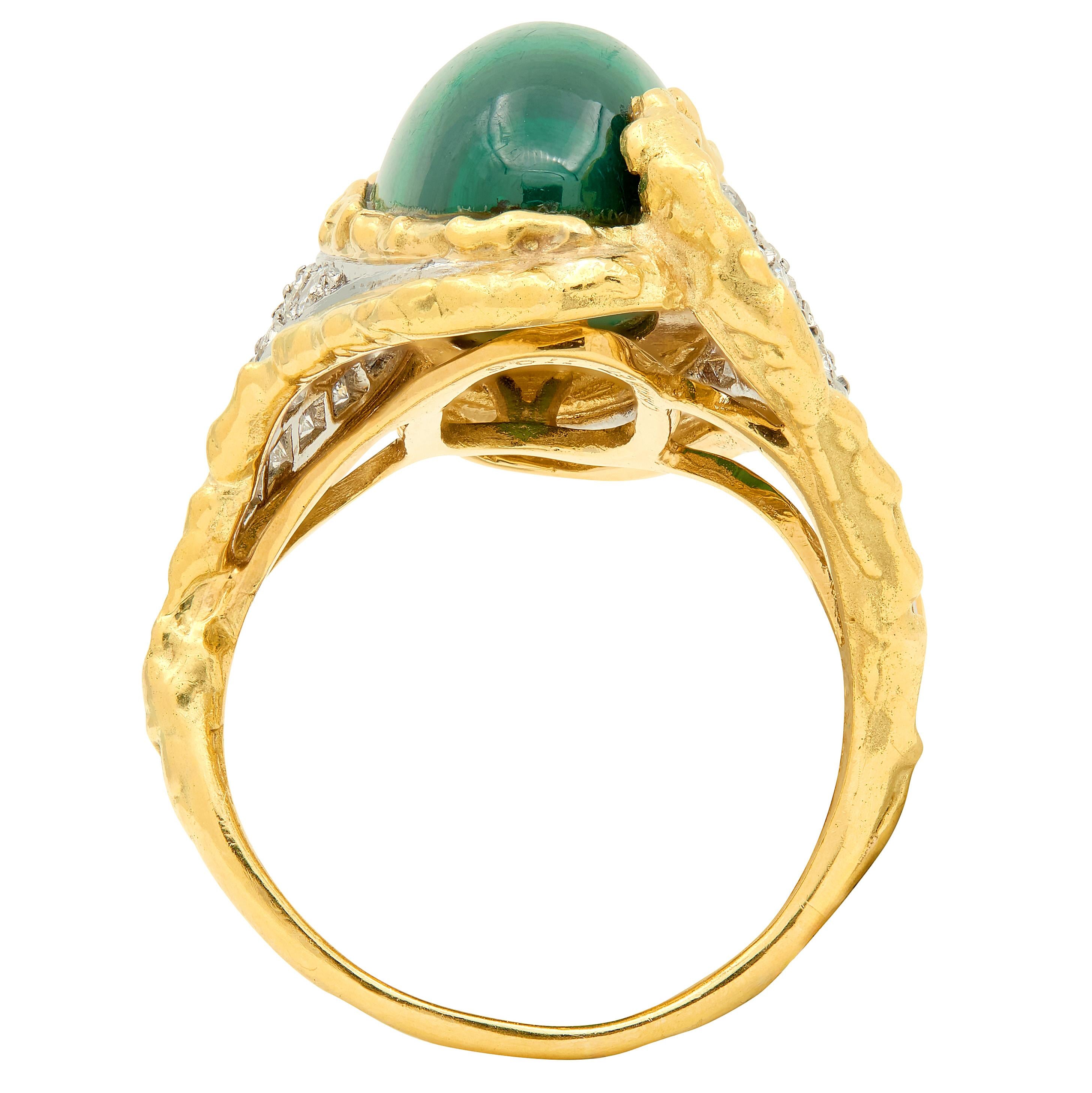 Chaumet French 1960's Malachite Diamond Platinum 18K Gold Vintage Brutalist Ring