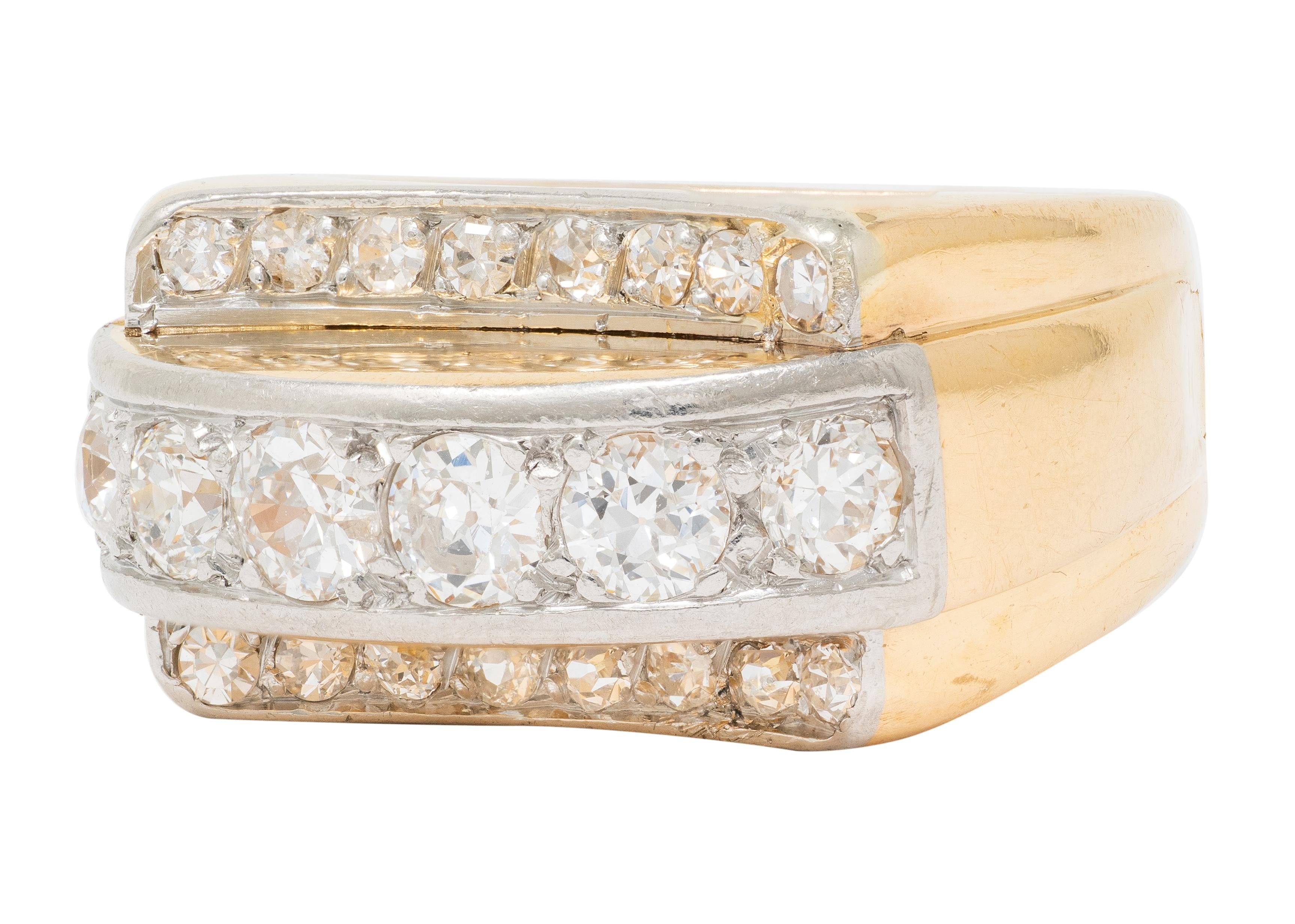 Art Deco 1.20 CTW Diamond Platinum 18K Yellow Gold Vintage Streamline Band Ring