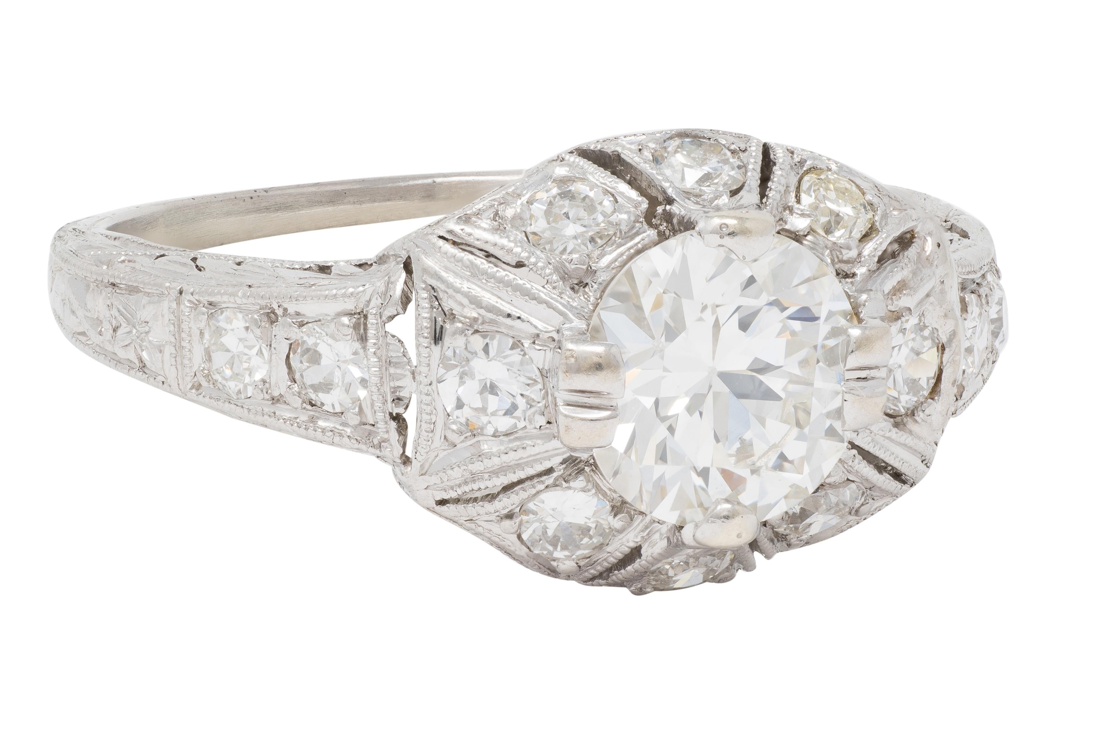 Art Deco Old European Diamond Platinum Vintage Scrolling Palm Engagement Ring