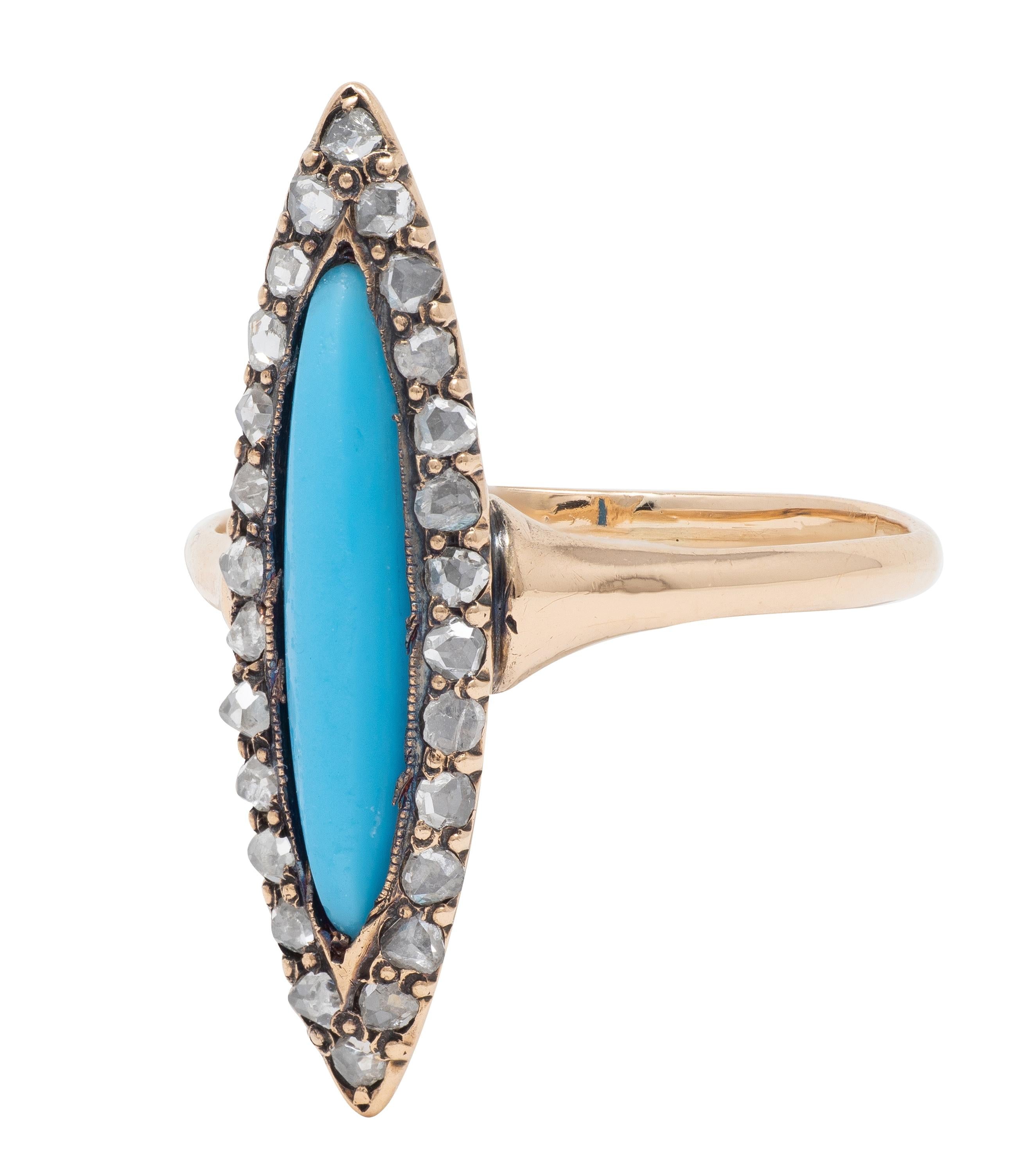 Victorian Turquoise Diamond 14 Karat Rose Gold Antique Navette Halo Ring