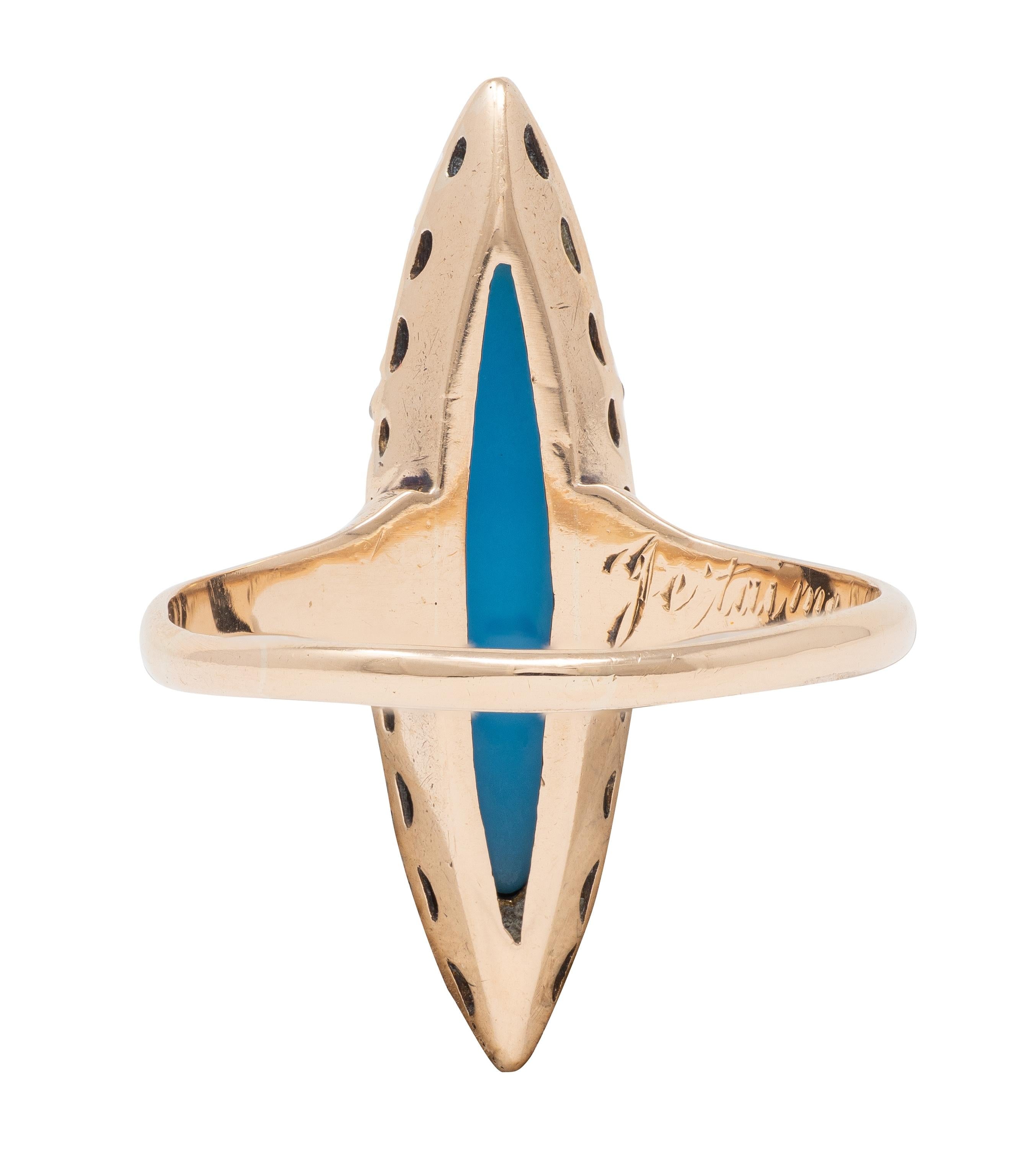 Victorian Turquoise Diamond 14 Karat Rose Gold Antique Navette Halo Ring