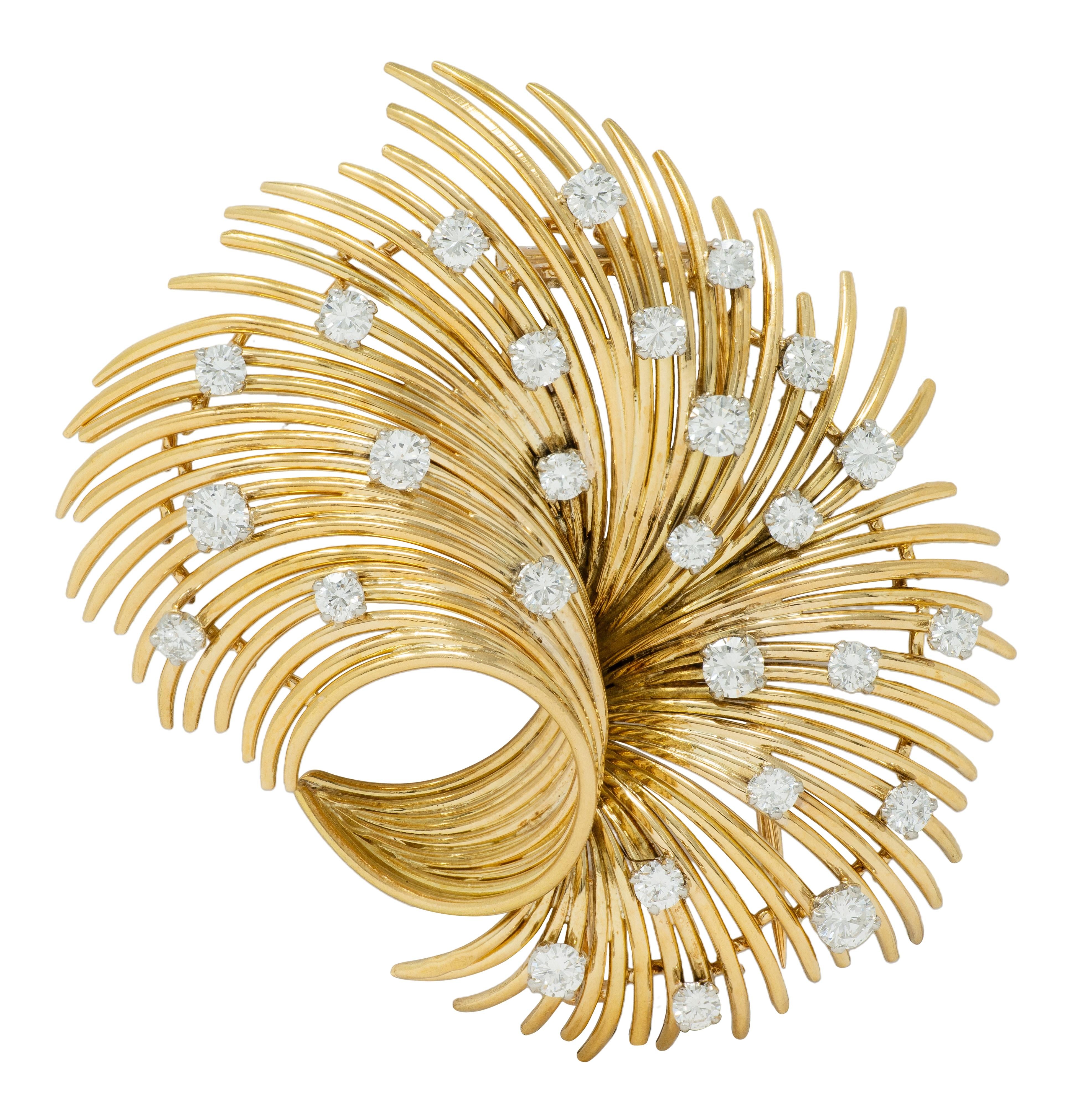 Bvlgari French 1950's Diamond Platinum 18K Gold Vintage Spray Brooch