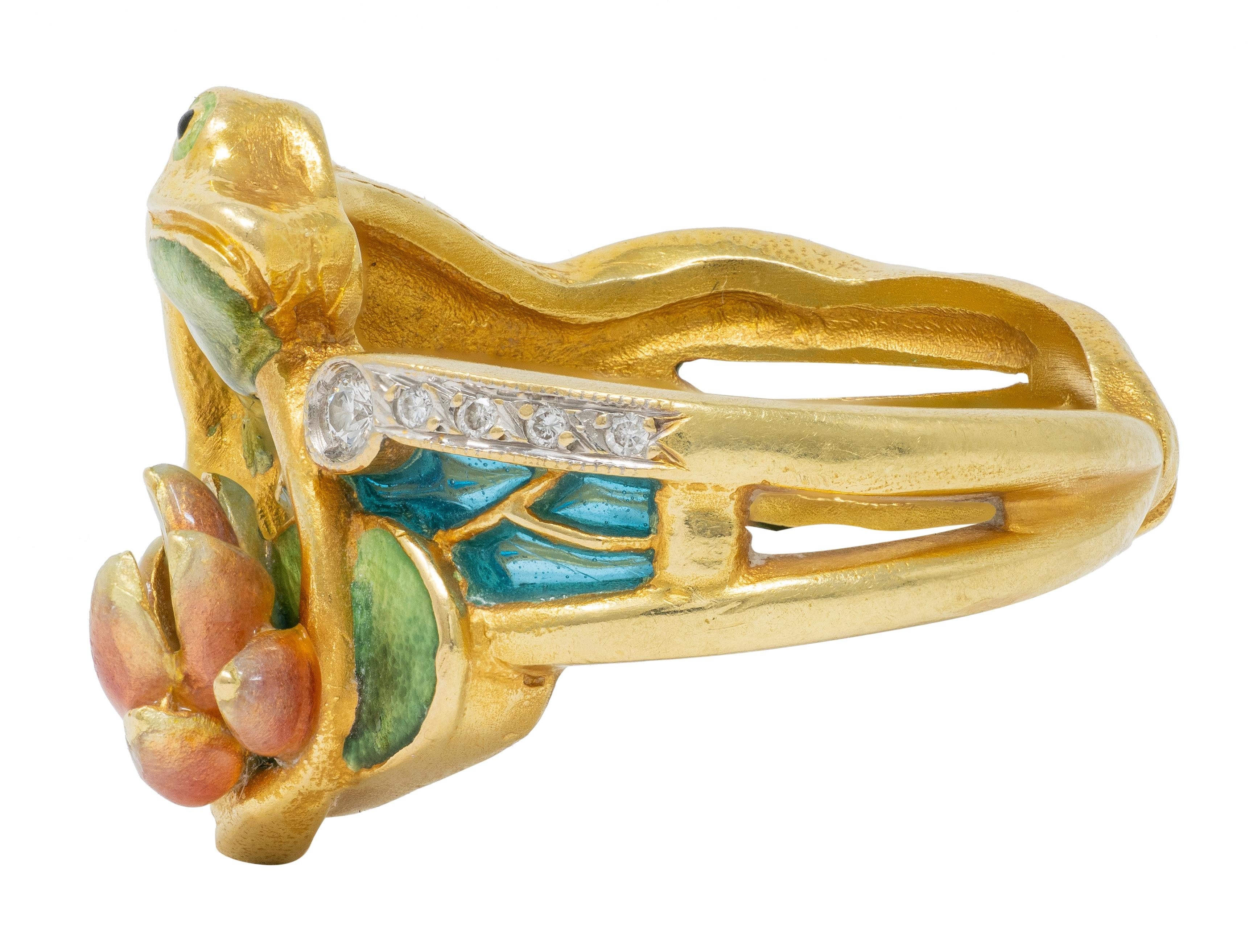 Masriera Contemporary Diamond Enamel 18K Gold Platinum Frog Water Lily Ring