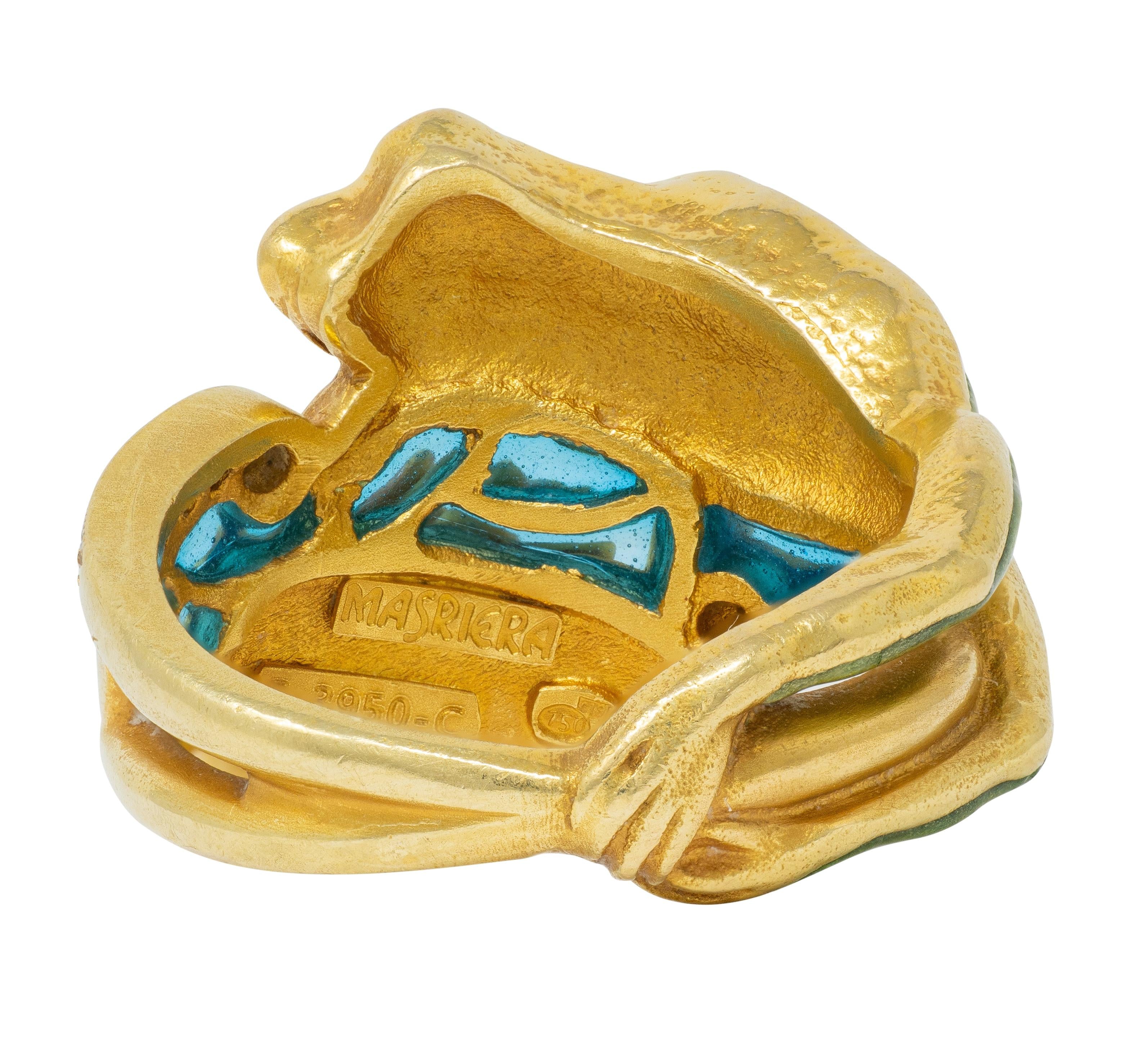 Masriera Contemporary Diamond Enamel 18K Gold Platinum Frog Water Lily Ring