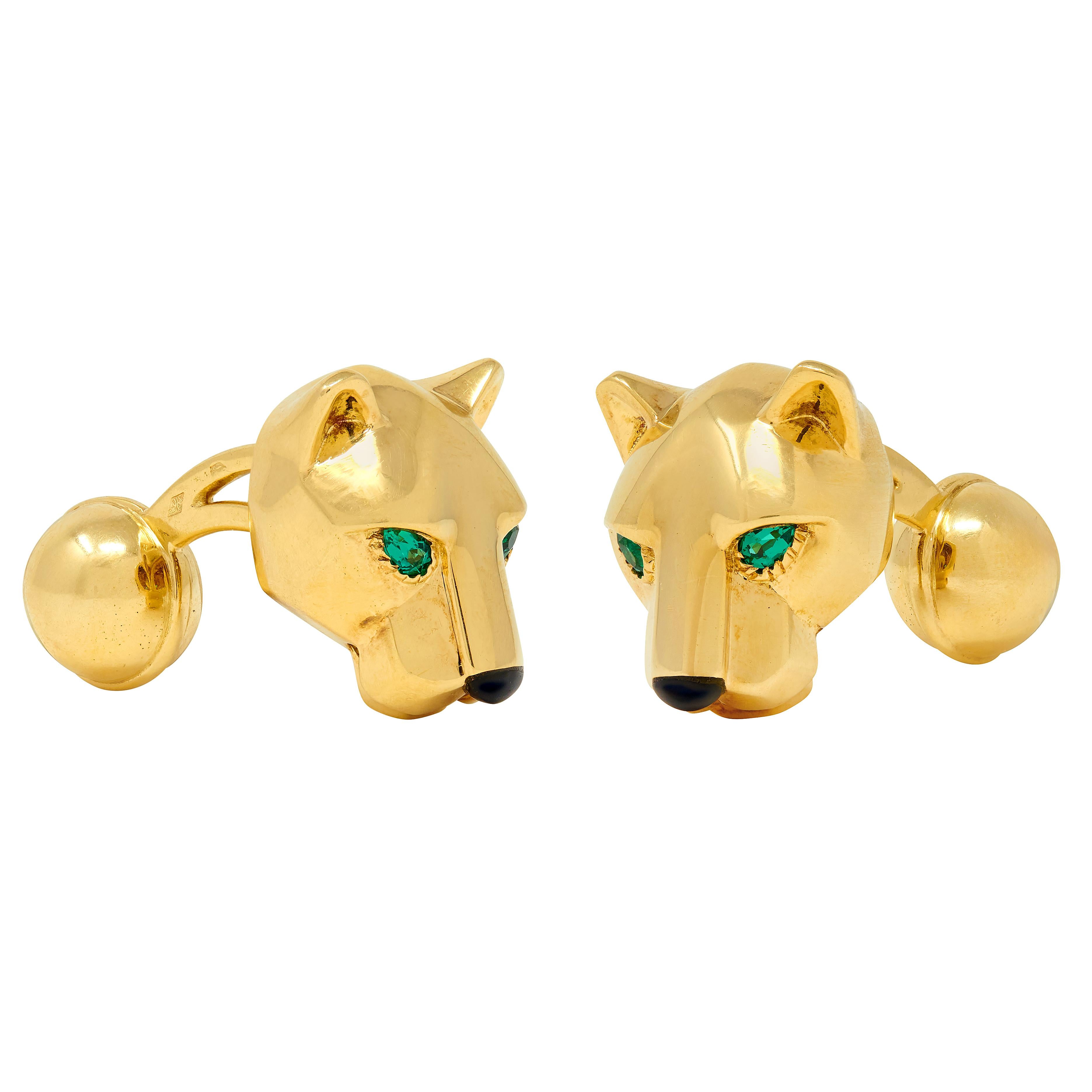 Cartier Emerald Onyx 18 Karat Yellow Gold Panther Cufflinks & Shirt Stud Set
