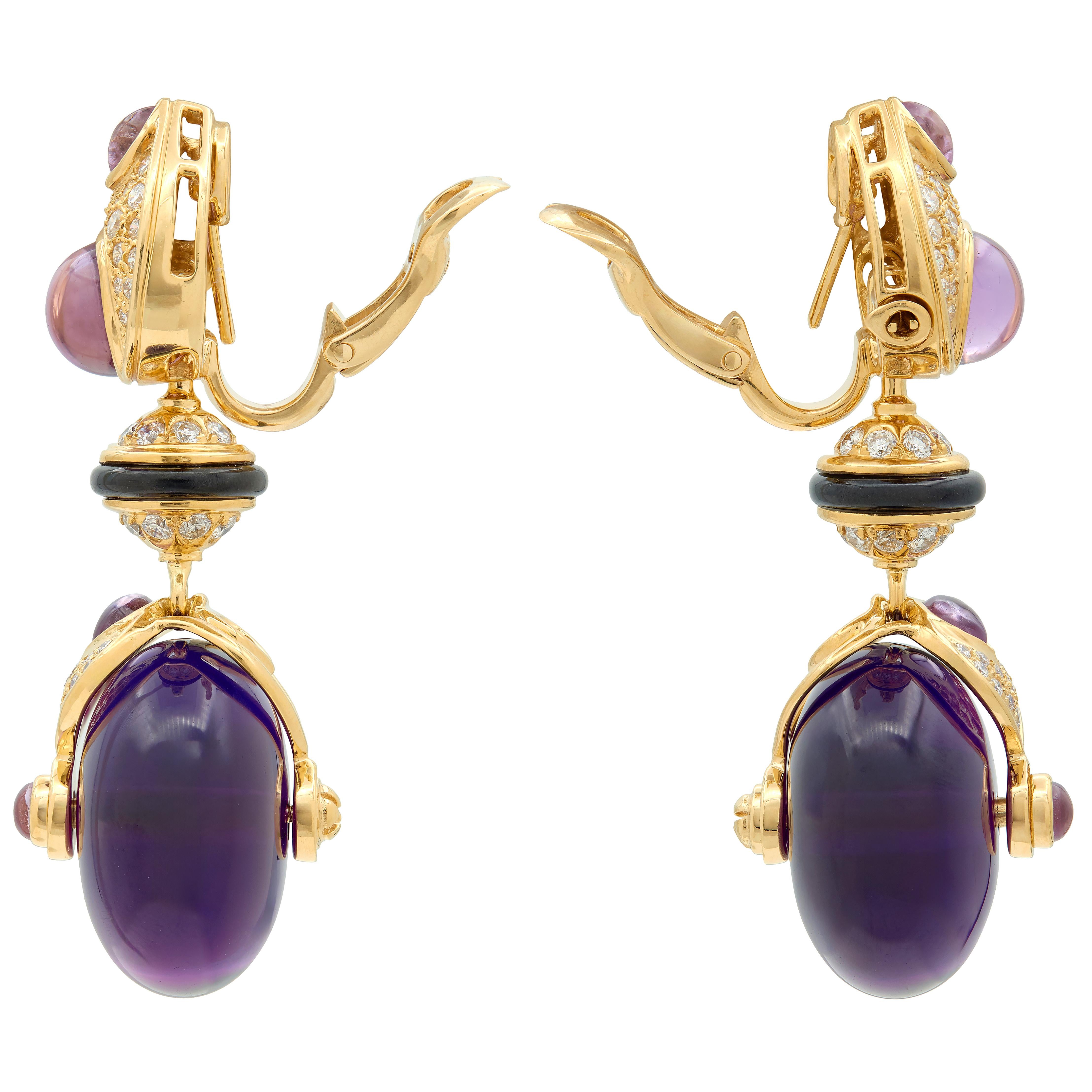 Marina B. 1980's Diamond Amethyst Onyx 18 Karat Gold Vintage Pneu Drop Earrings