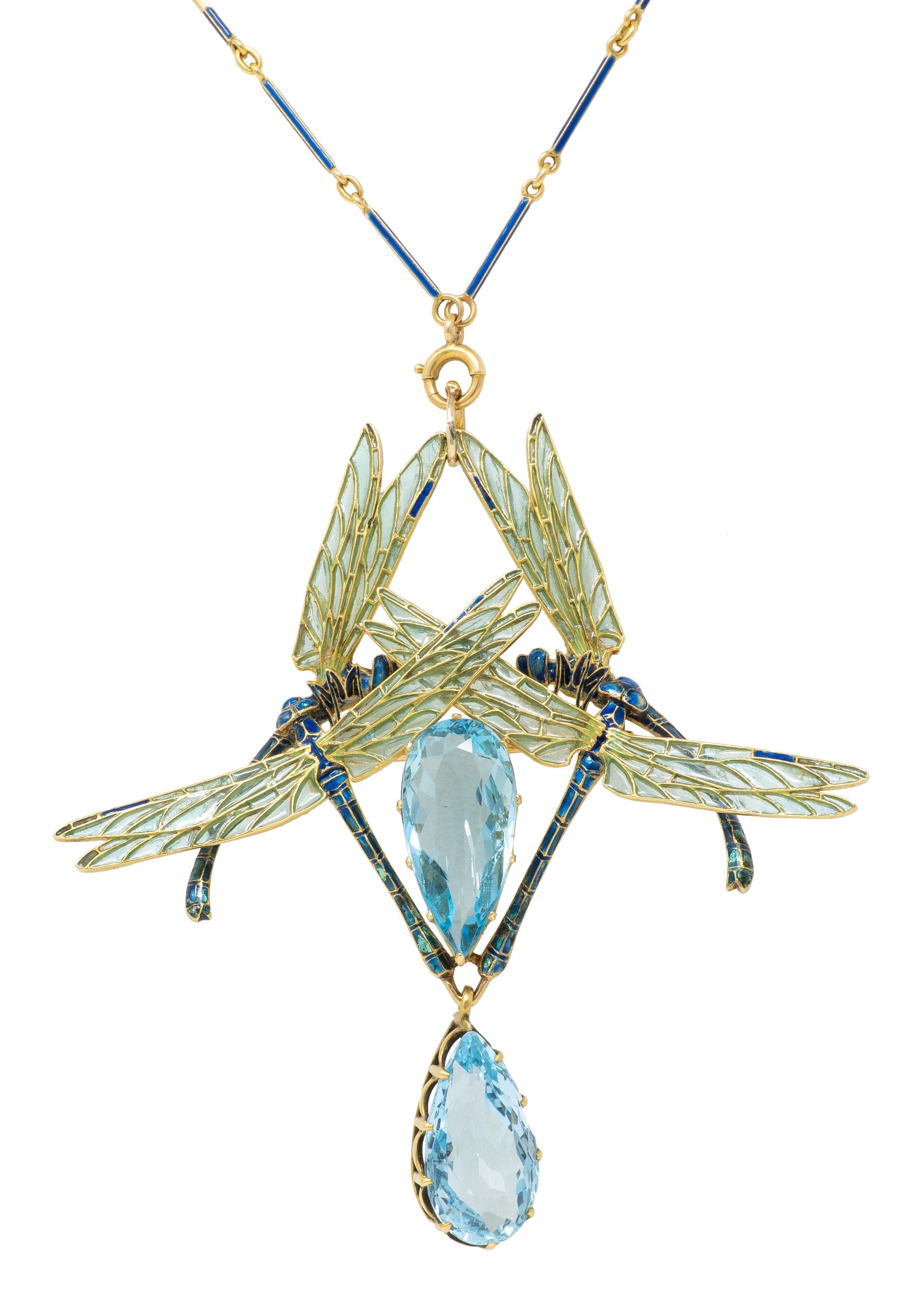 Rene Lalique 1903 Aquamarine Enamel 18K Gold Antique Four Dragonflies Necklace