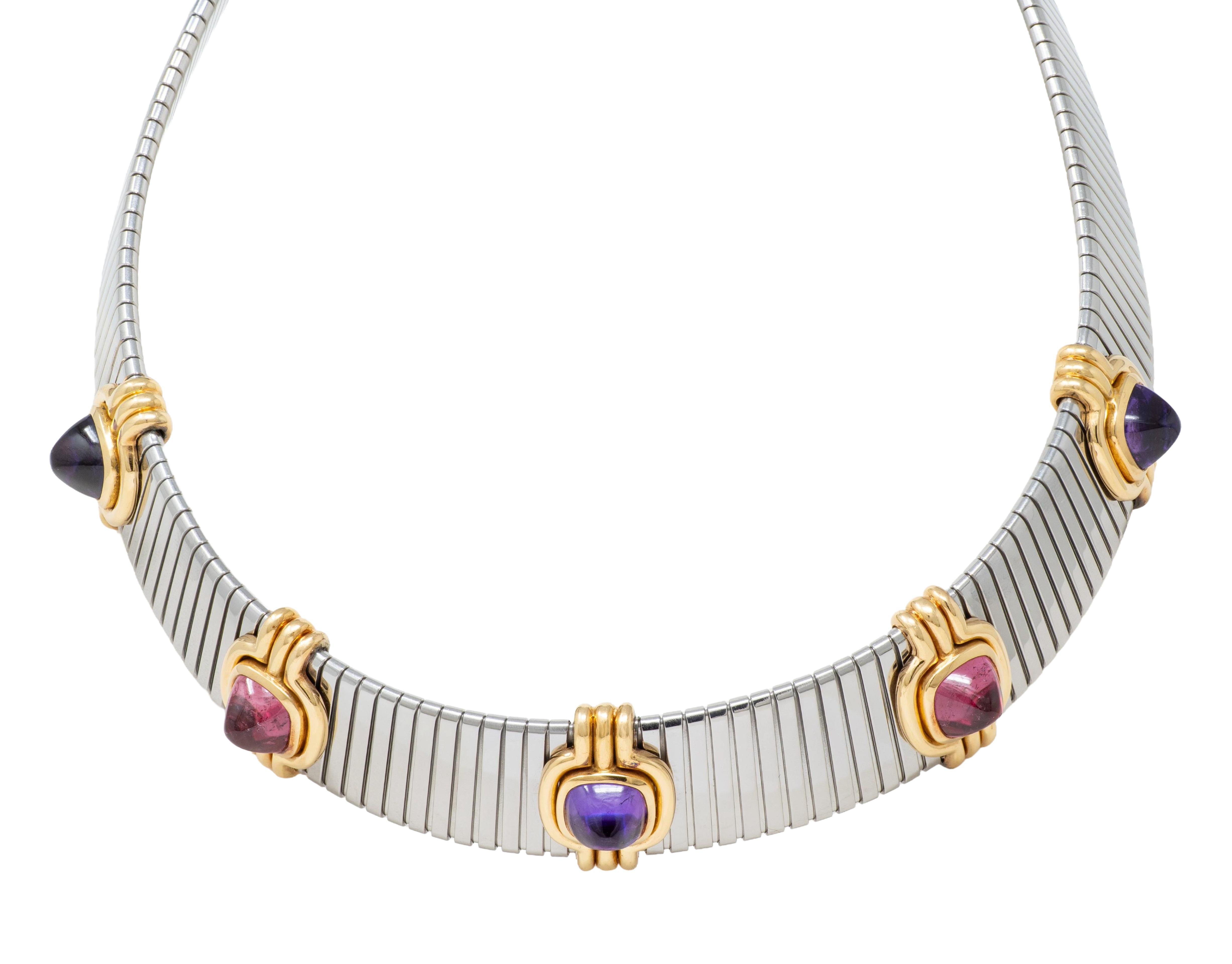 Bulgari 1980 Tourmaline Amethyst Steel 18K Gold Vintage Tubogas Collar Necklace
