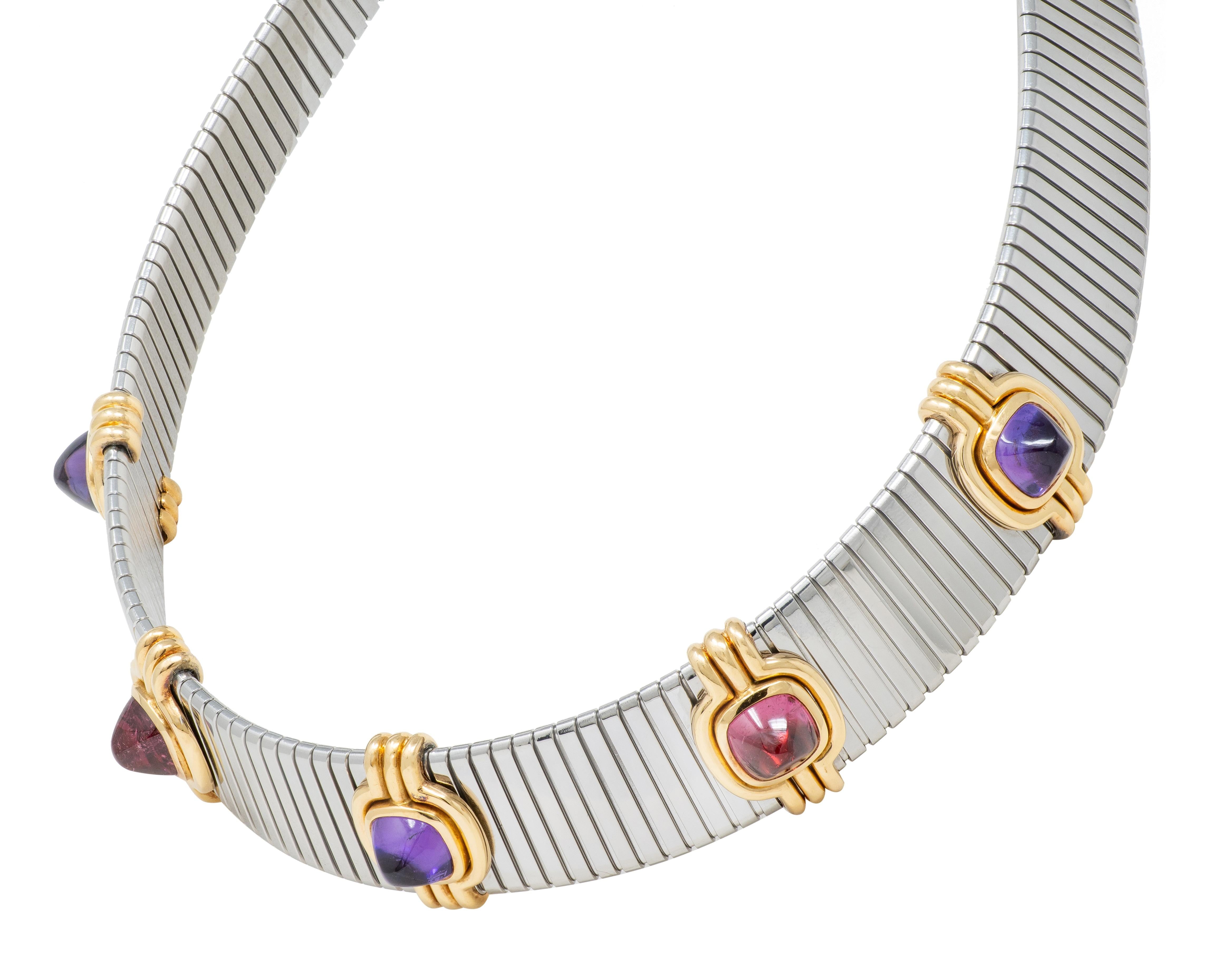 Bulgari 1980 Tourmaline Amethyst Steel 18K Gold Vintage Tubogas Collar Necklace