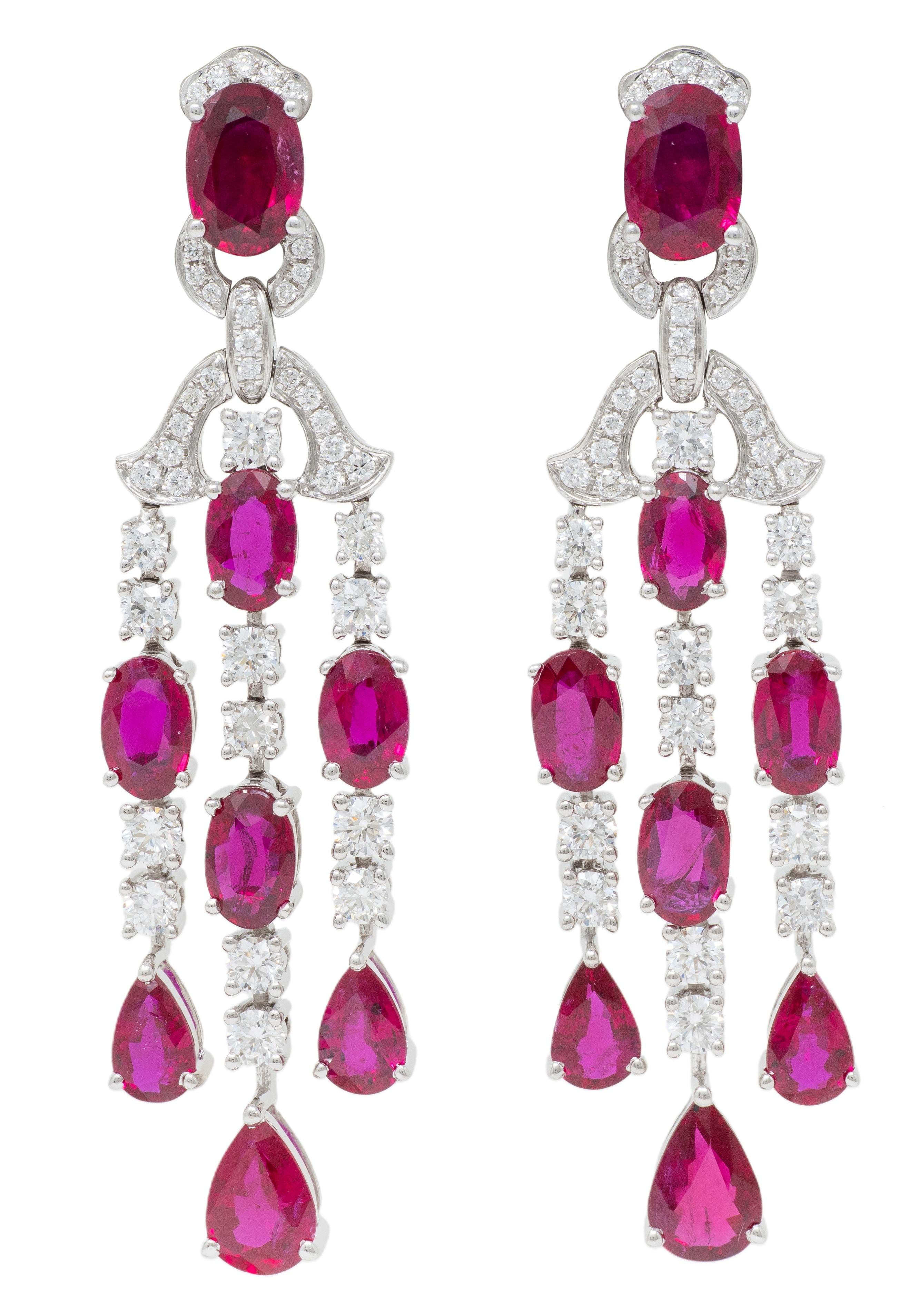 Contemporary 6.29 CTW Ruby Diamond 18 Karat White Gold Fringe Drop Earrings