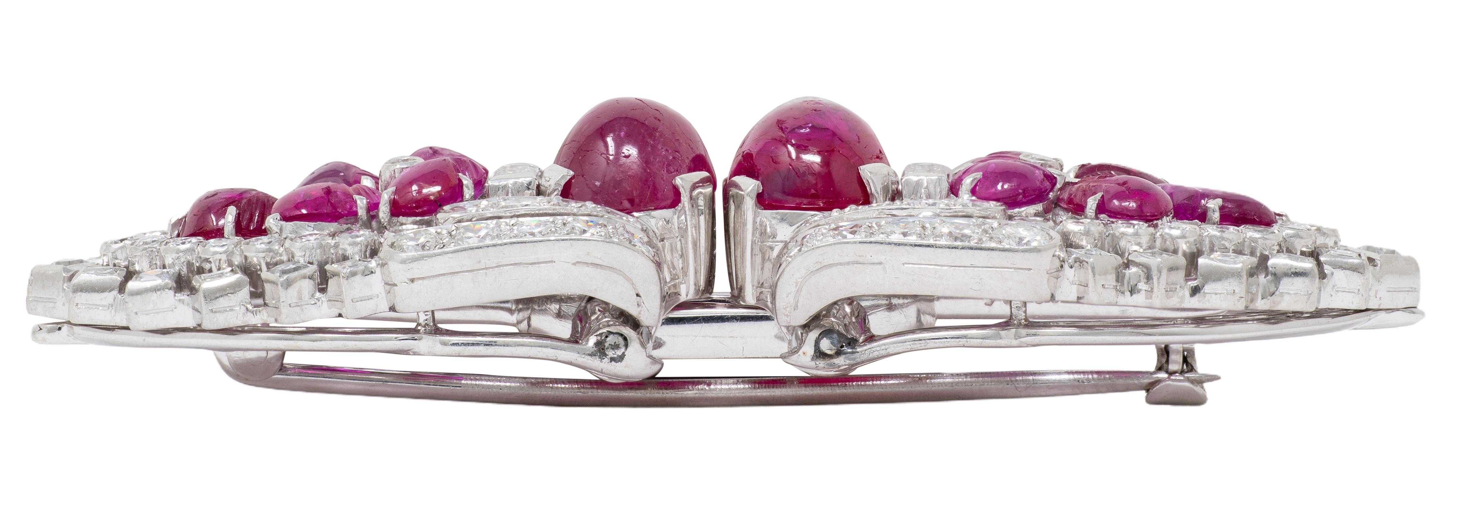 Art Deco Ruby Diamond Platinum Vintage Tutti Frutti Streamlined Brooch Clips