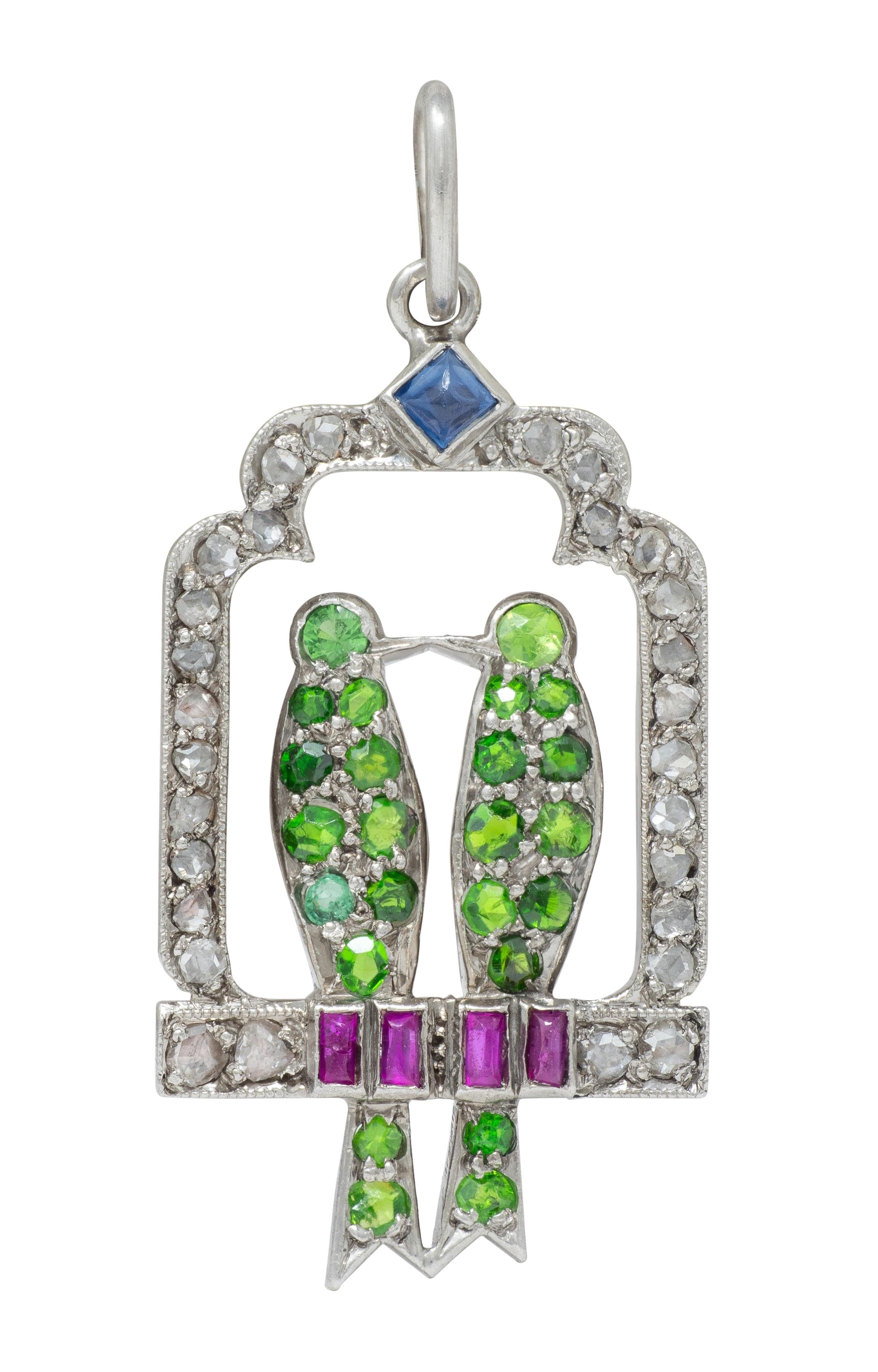 Art Deco Multi-Gem Diamond Platinum Vintage Lovebird Charm