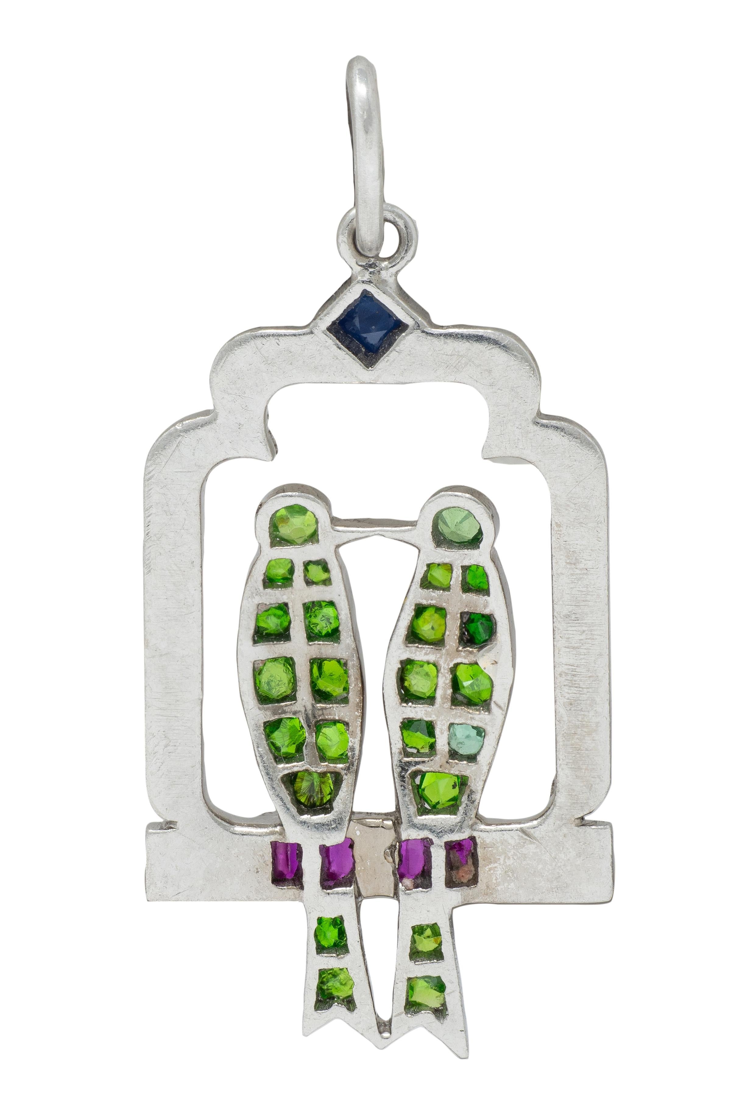 Art Deco Multi-Gem Diamond Platinum Vintage Lovebird Charm