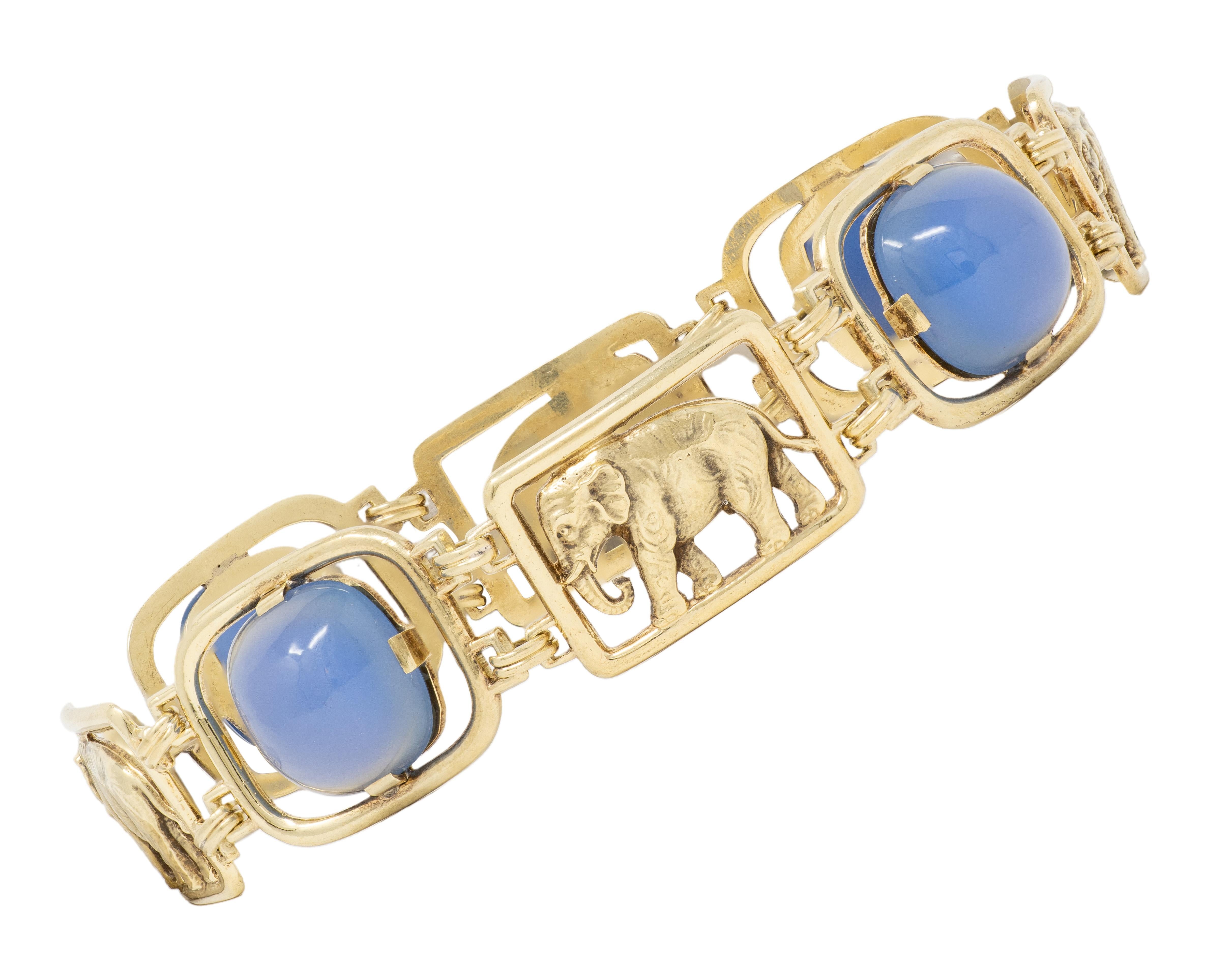 Carter Gough & Co. Art Deco Blue Chalcedony 14K Gold Vintage Elephant Bracelet