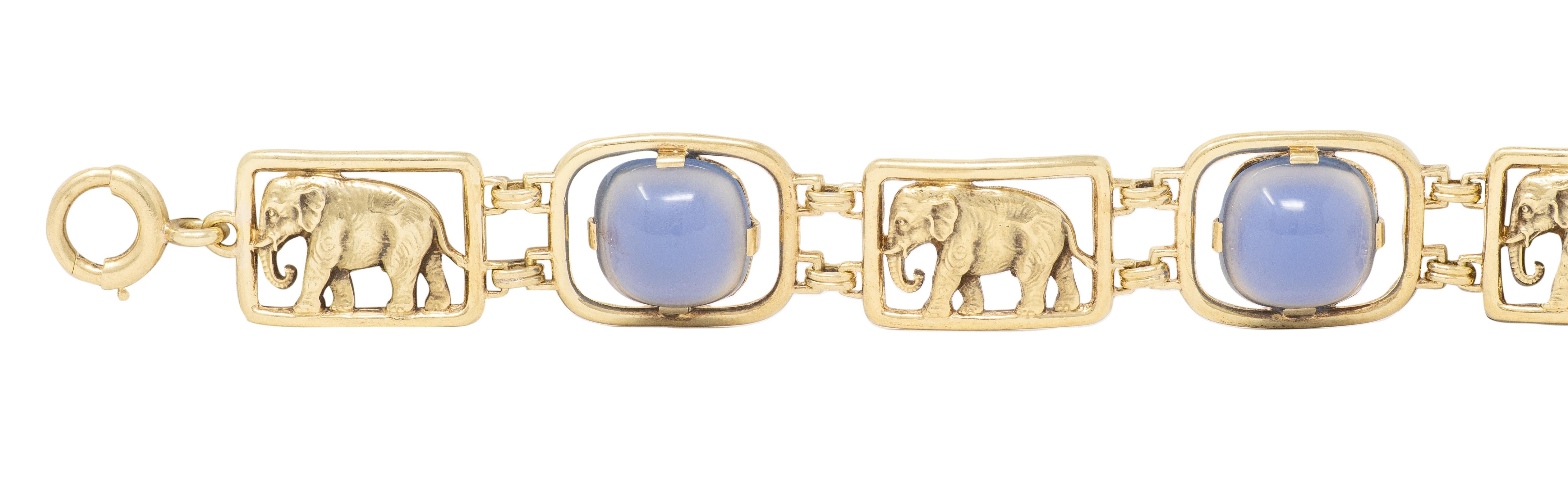 Carter Gough & Co. Art Deco Blue Chalcedony 14K Gold Vintage Elephant Bracelet
