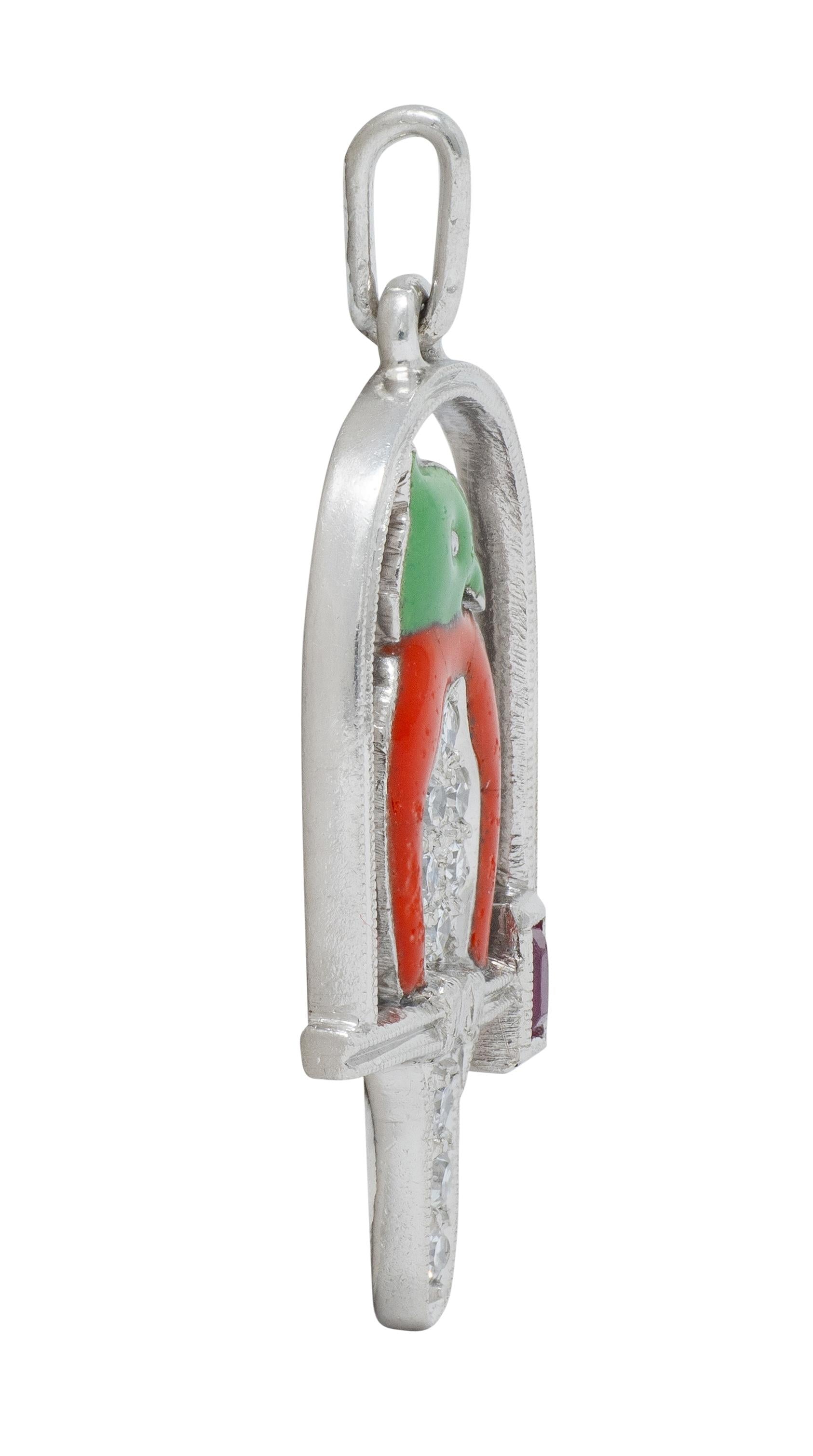 Art Deco Diamond Ruby Enamel Platinum Vintage Bird On A Swing Charm