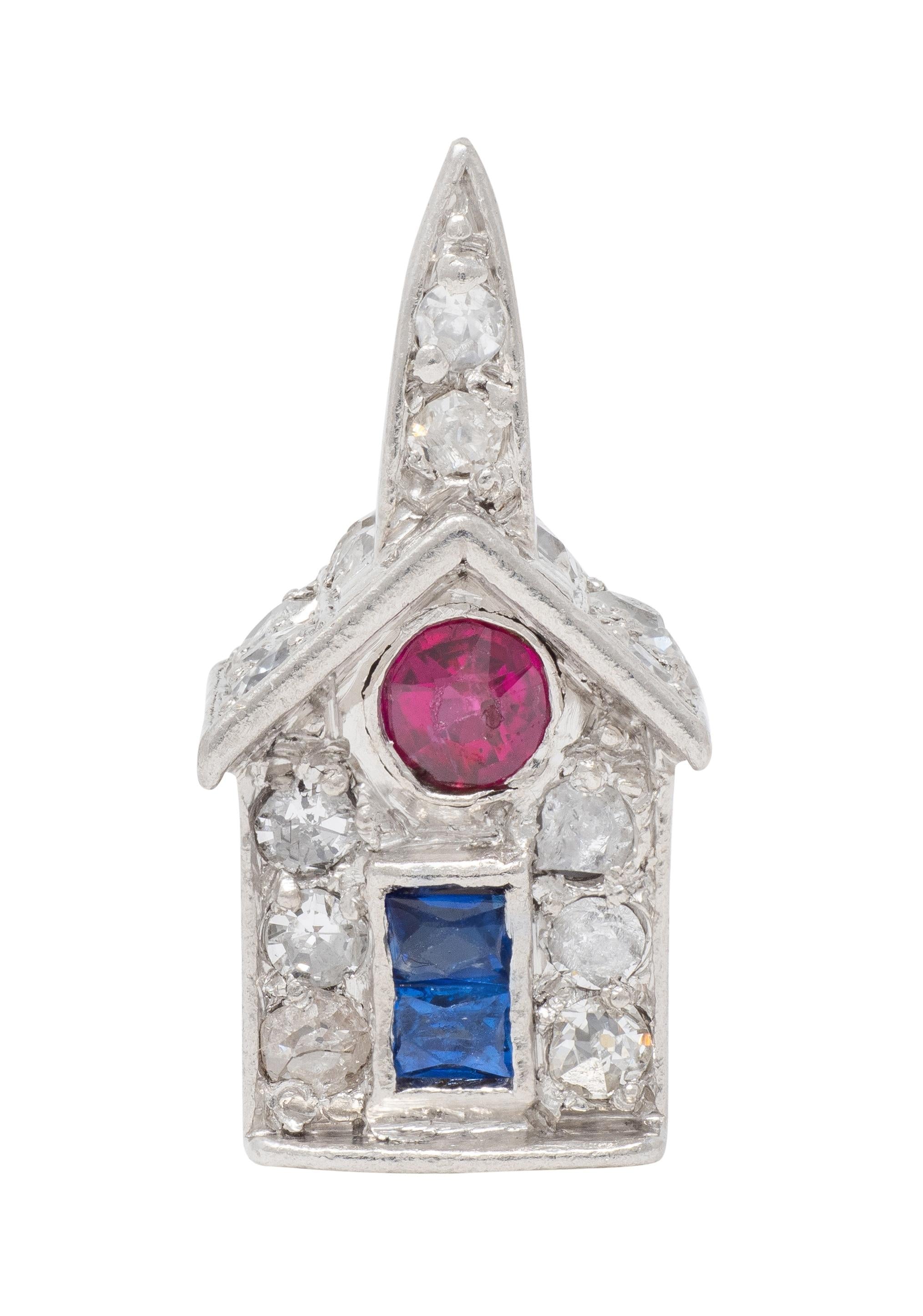 Art Deco Walter Lampl Ruby Sapphire Diamond Platinum Vintage Church House Charm