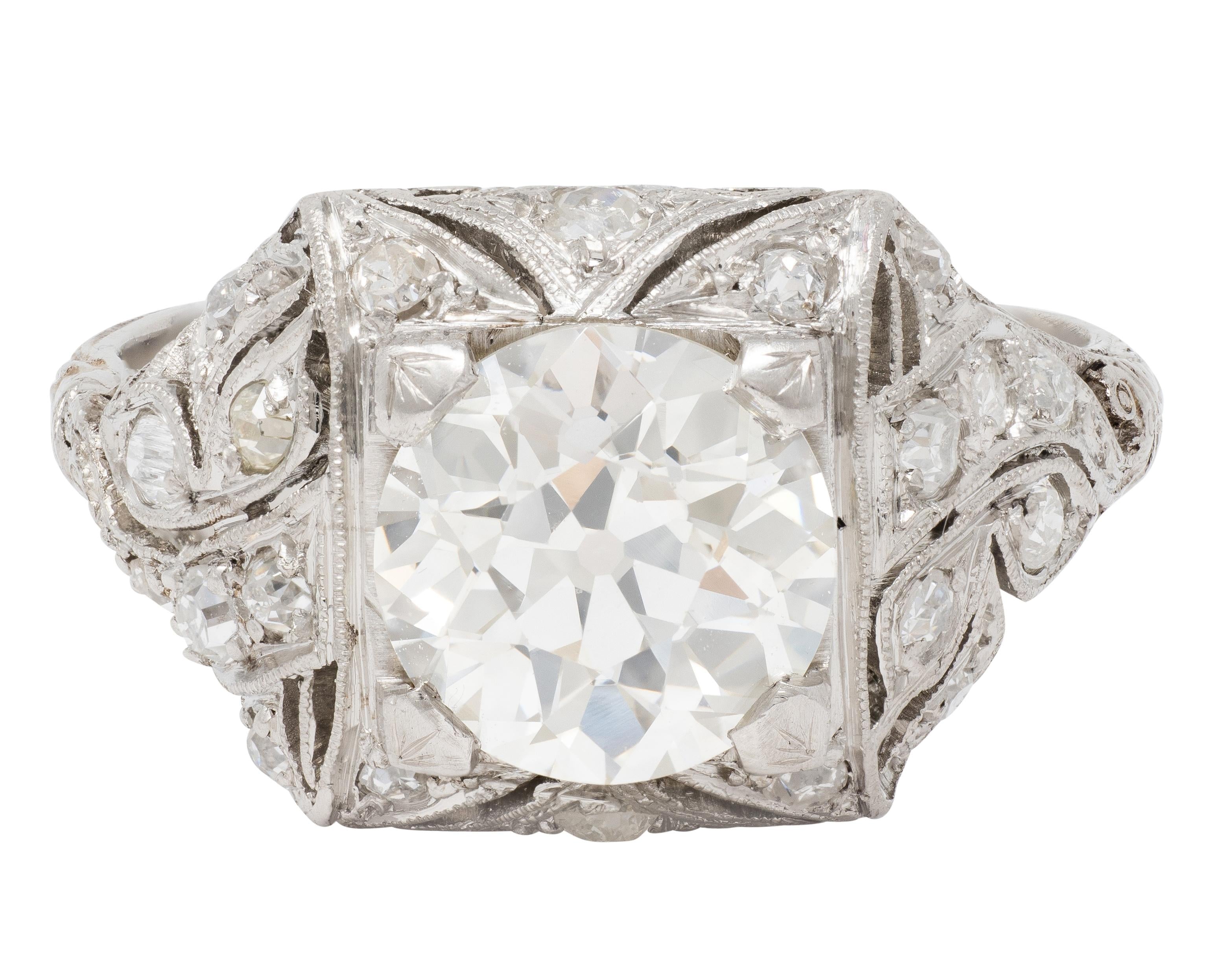 Art Deco 2.03 CTW Old European Diamond Platinum Foliate Vintage Engagement Ring