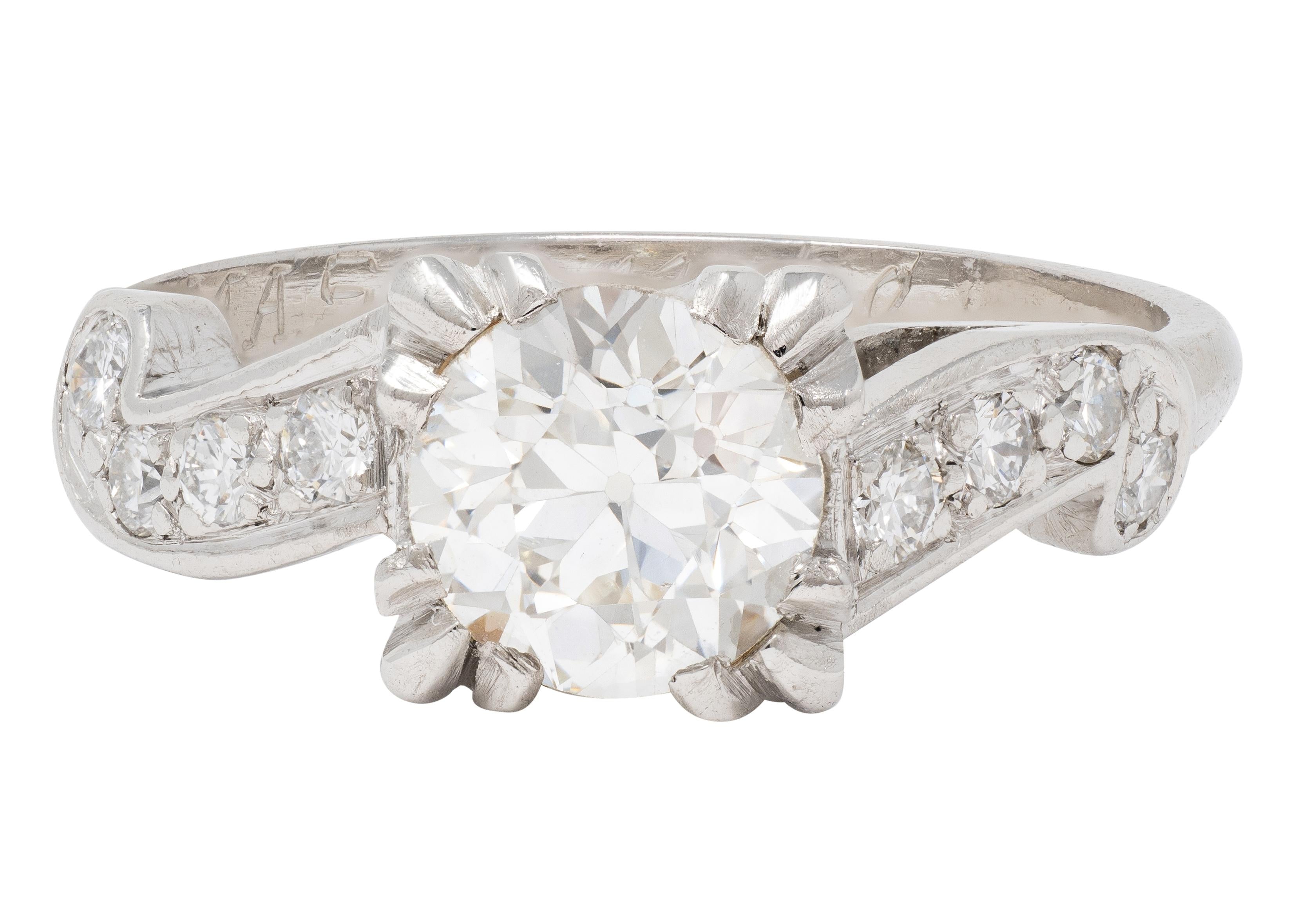 Mid-Century 1.11 CTW Diamond Platinum Scrolling Ribbon Vintage Engagement Ring