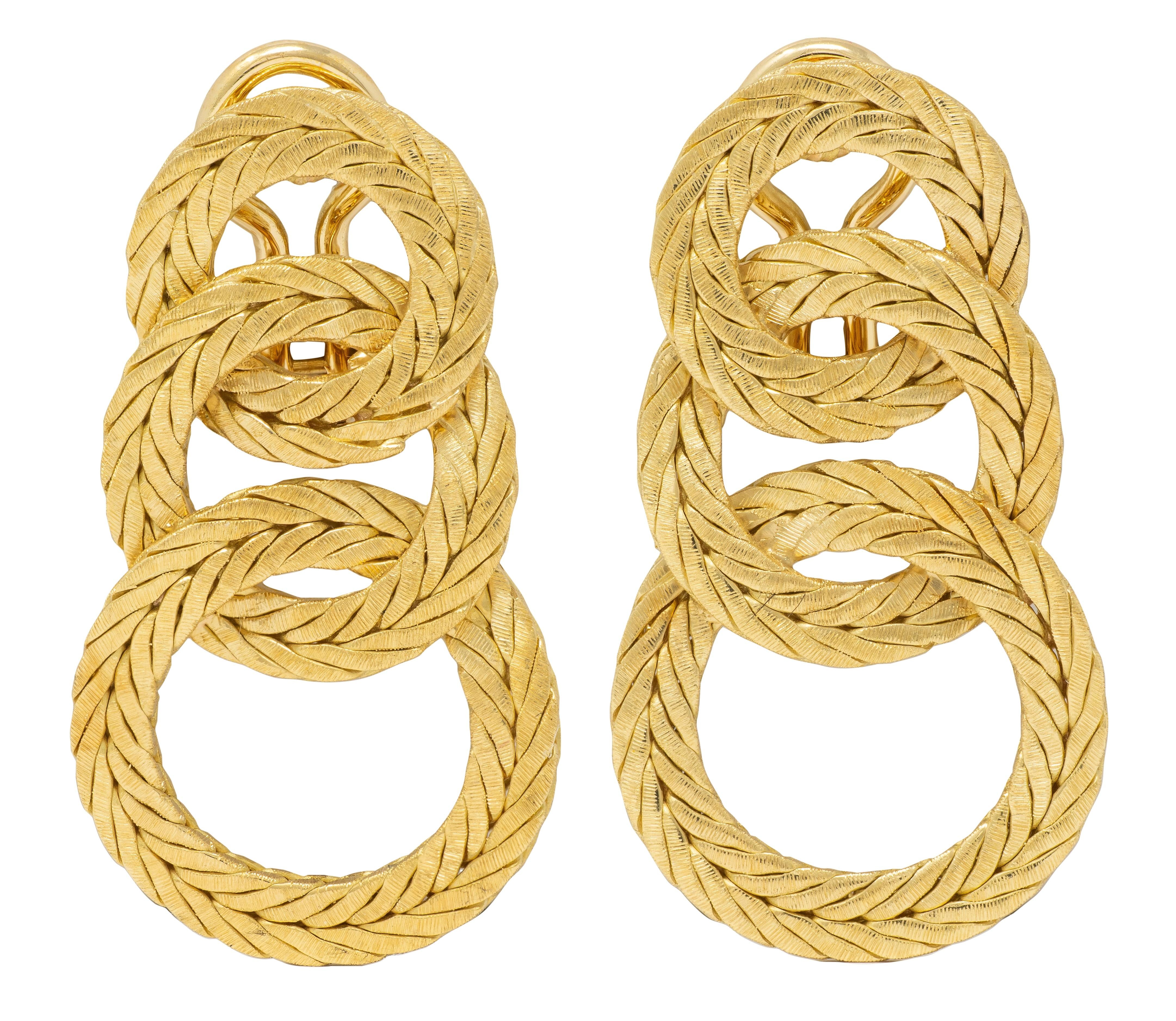 Buccellati 1970's 18K Gold Vintage Herringbone Chain Triple Hoop Drop Earrings