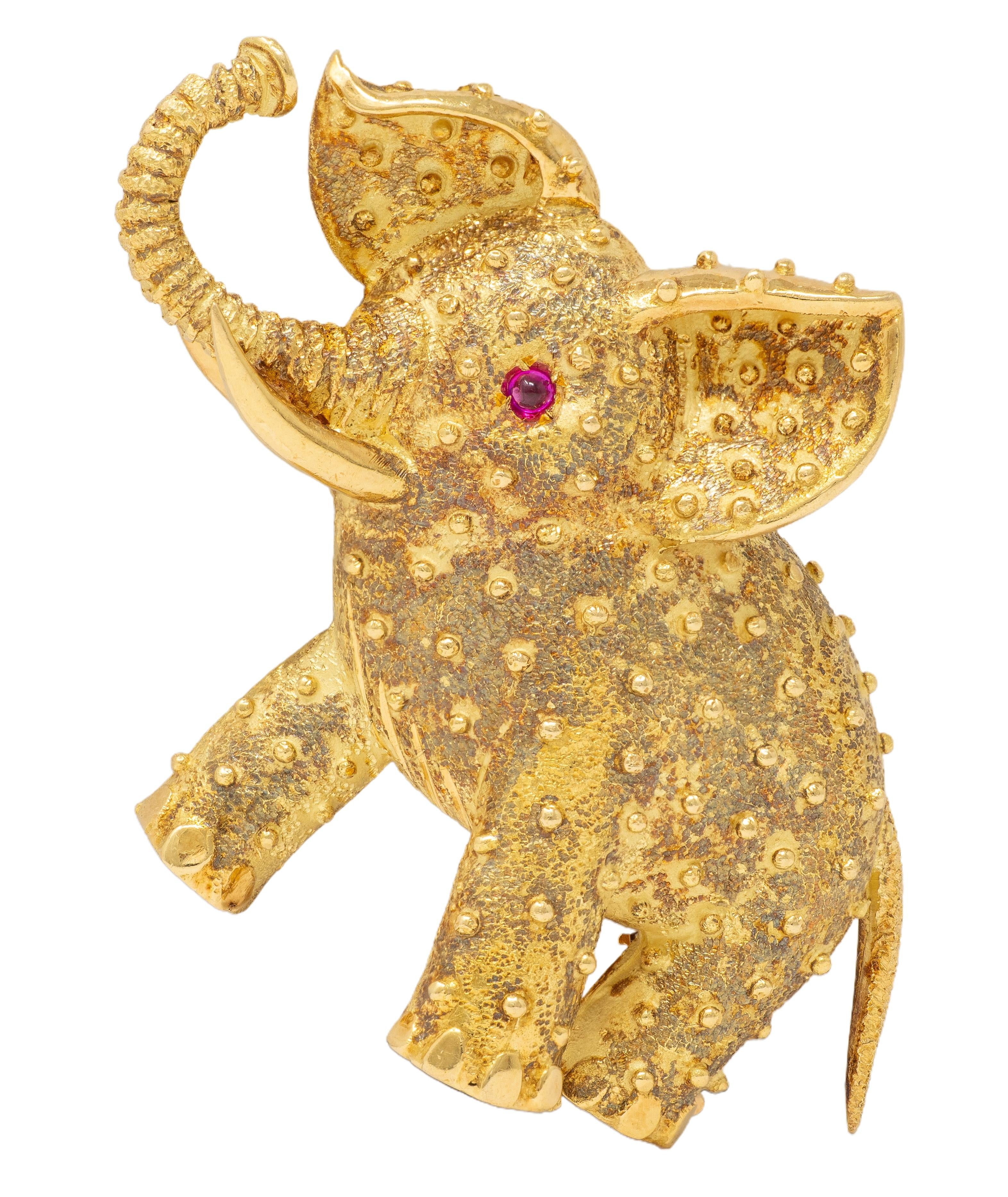 Cartier French 1960's Ruby 18 Karat Yellow Gold Vintage Elephant Brooch
