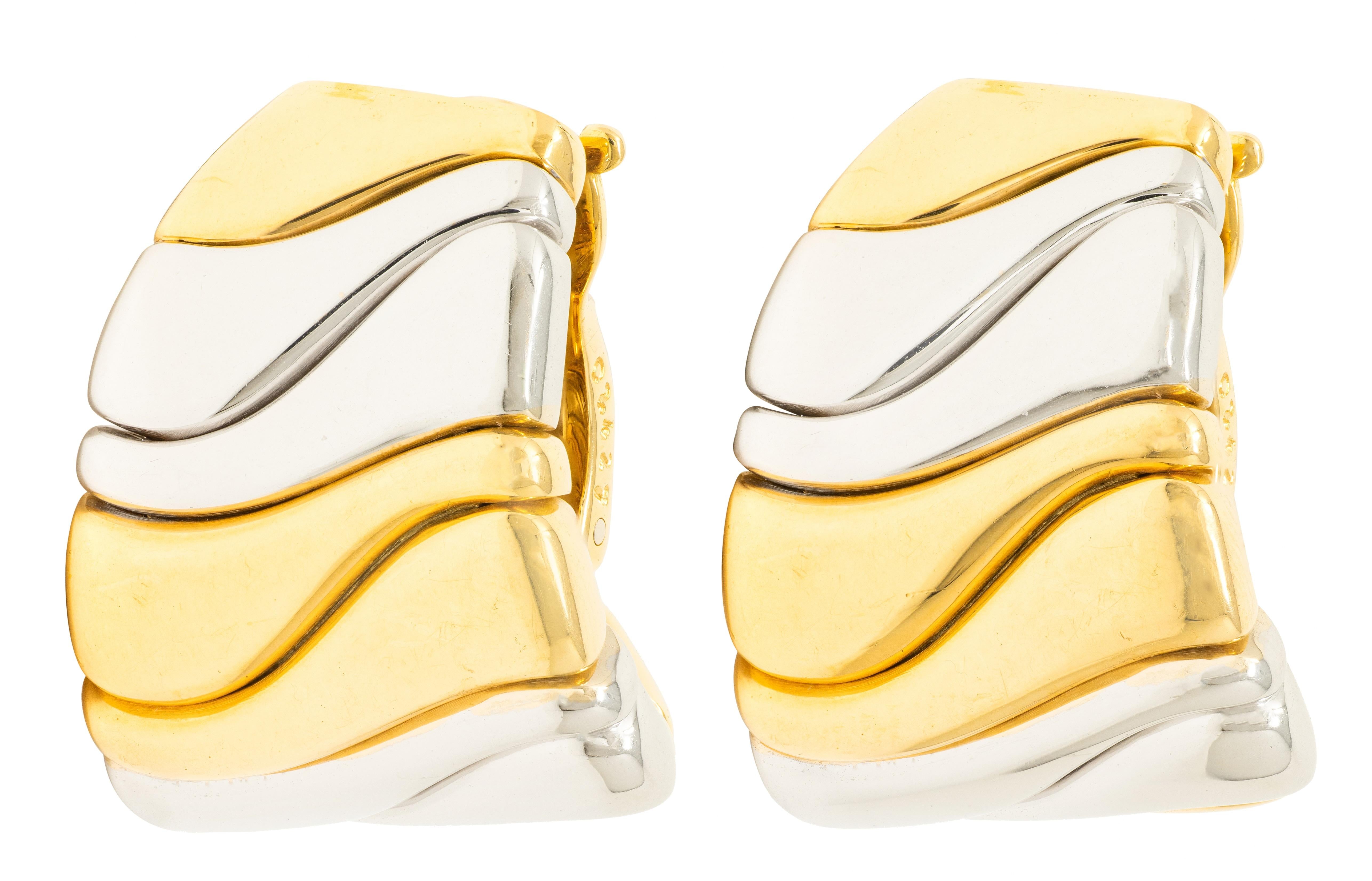 Marina B. 1990s 18 Karat Gold Wavy Vintage Milano-Karen J-Hoop Ear-Clip Earrings