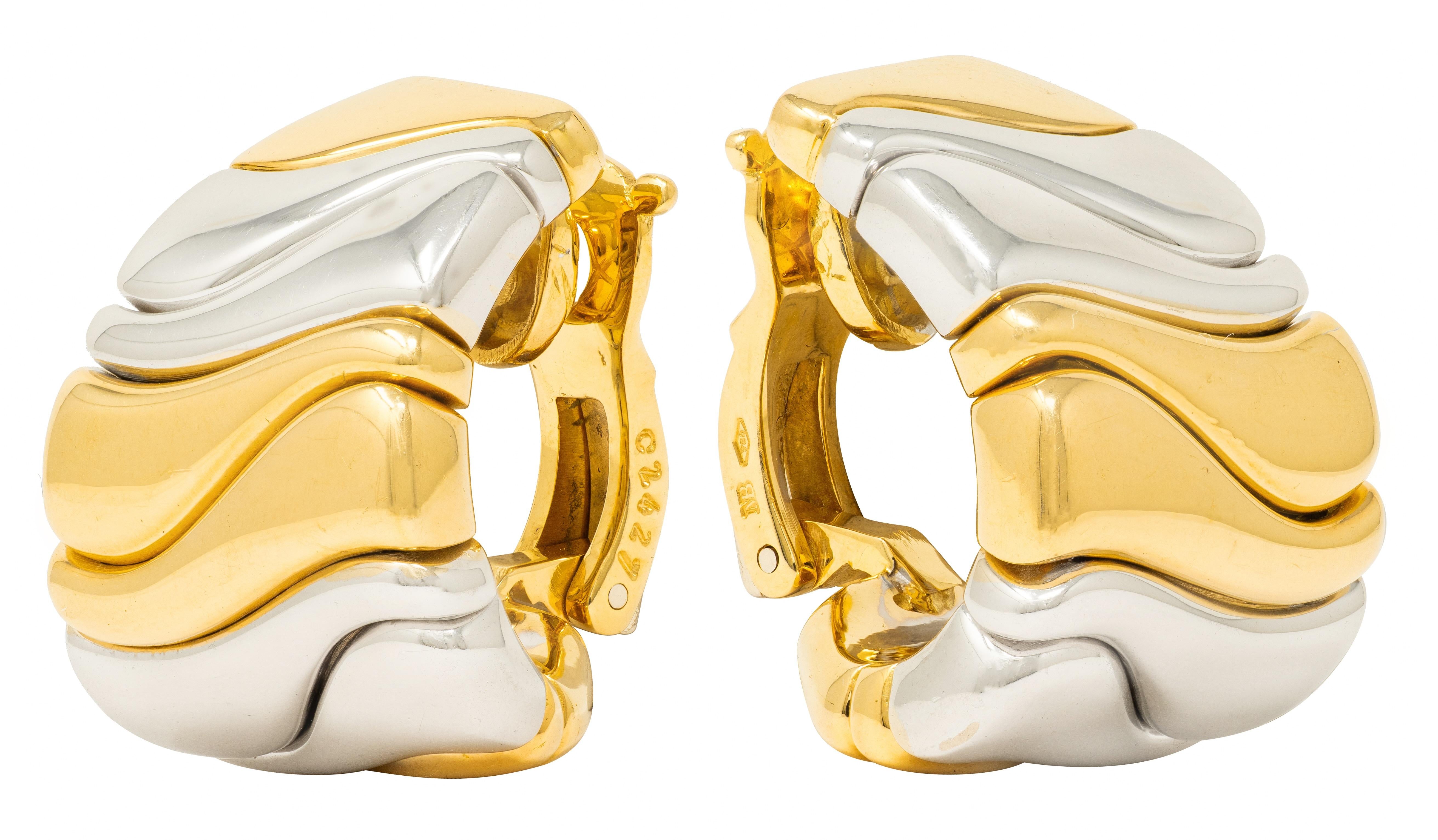 Marina B. 1990s 18 Karat Gold Wavy Vintage Milano-Karen J-Hoop Ear-Clip Earrings