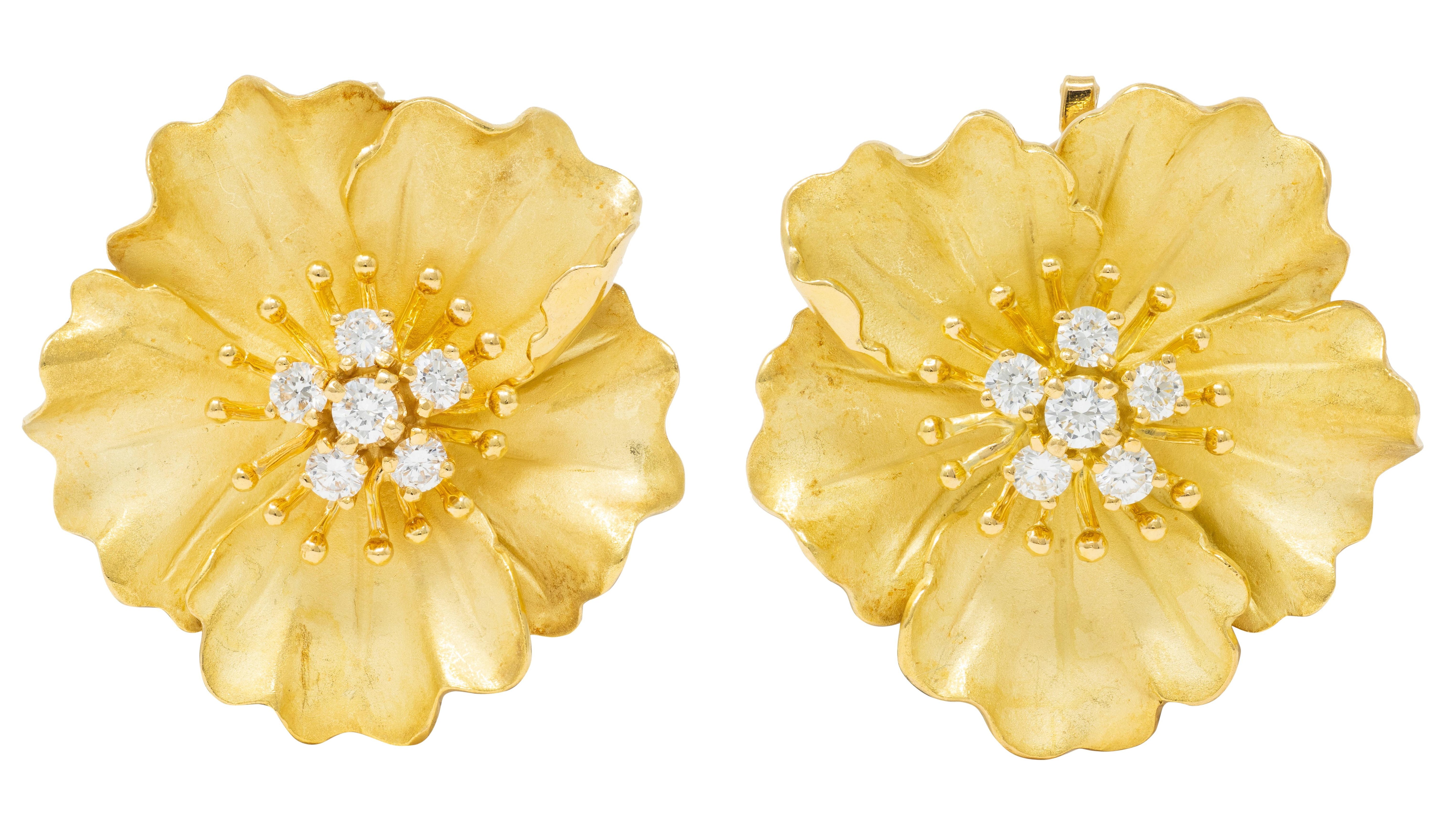 Tiffany & Co. Diamond 18 Karat Yellow Gold Vintage Alpine Rose Flower Earrings
